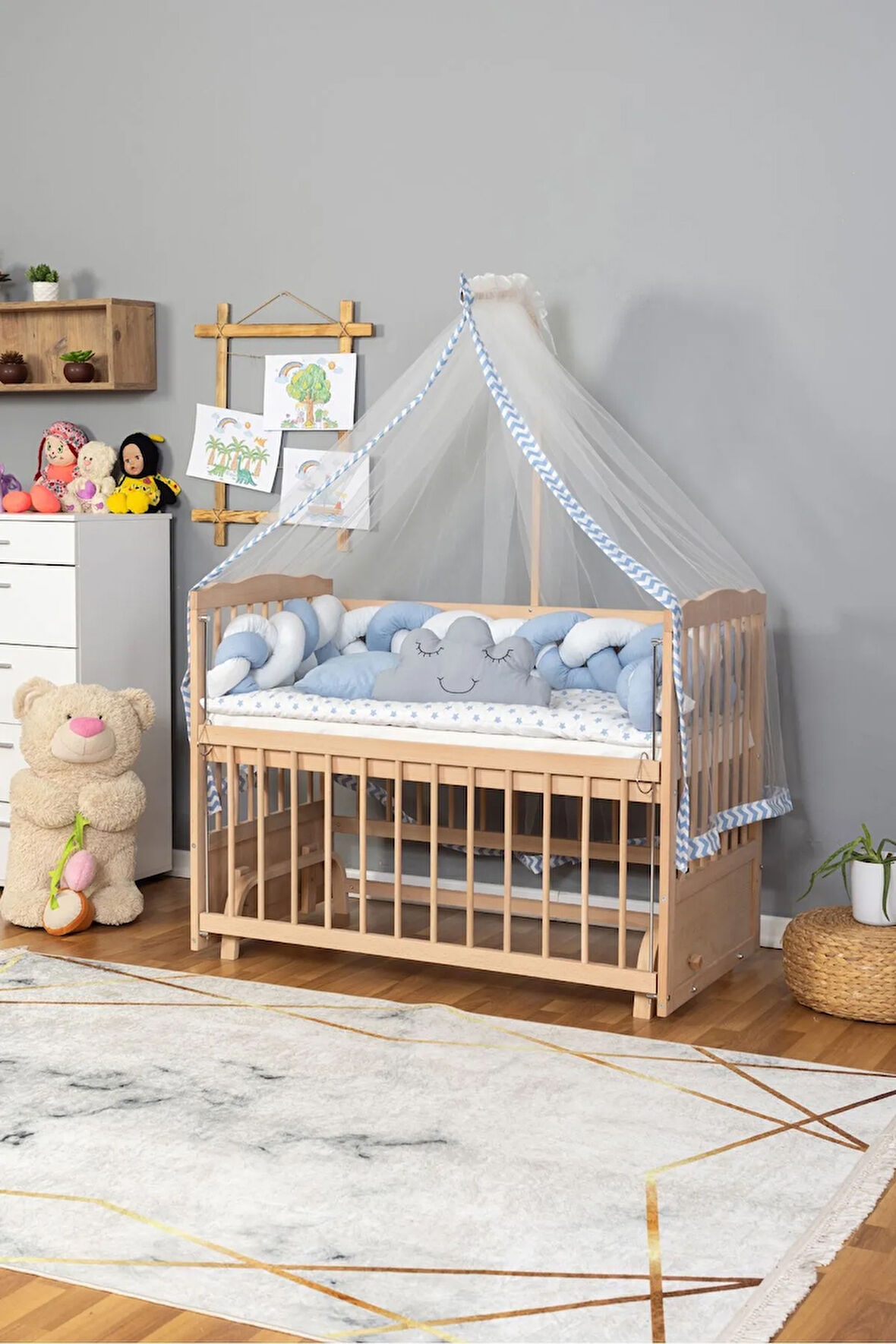 Ahşap Anne Yanı Beşik Organik 60x120 Mavi Beyaz Örgü Uyku Seti  Yatak