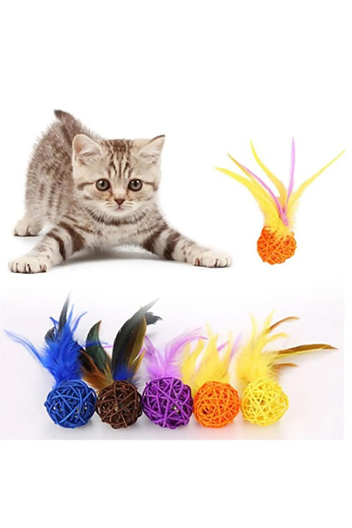 2li Rattan Renkli Peluş Tüy Kedi Köpek Oyuncak Yakalama Çiğneme Çıngıraklı Top Oyuncağı (K0)
