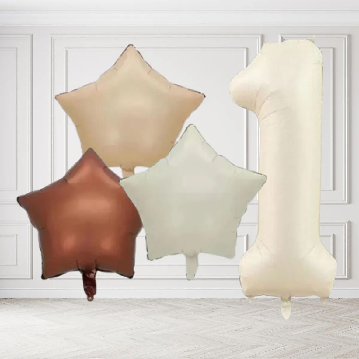 1 Yaş Retro Krem Bej Kahverengi Yıldız Folyo Balon Seti Krem Rakamlı Doğum Günü Şık Parti Süsleme