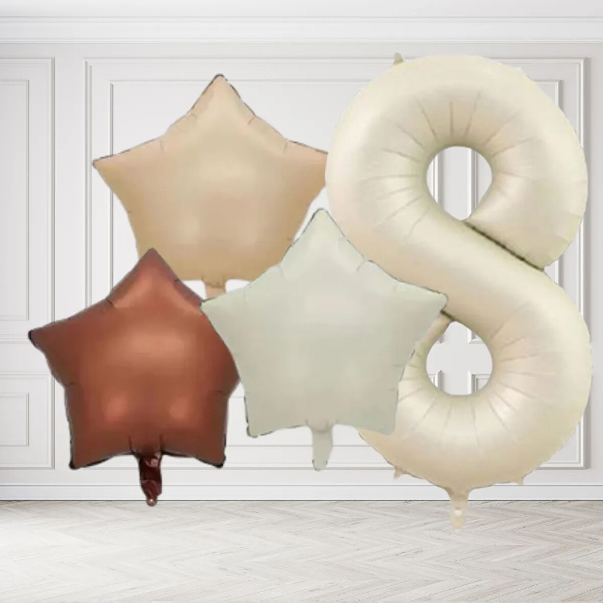 8 Yaş Retro Krem Bej Kahverengi Yıldız Folyo Balon Seti Krem Rakamlı Doğum Günü Şık Parti Süsleme