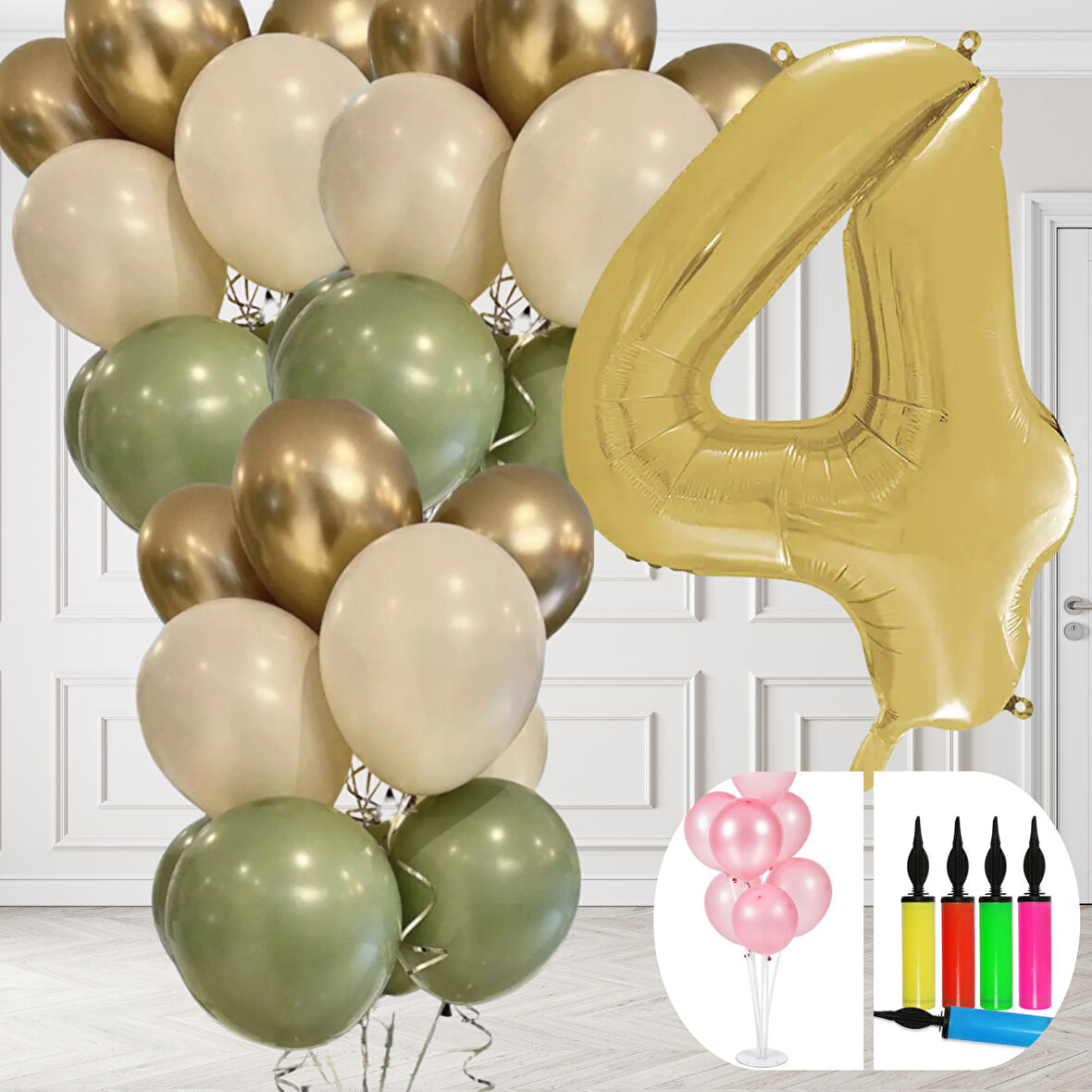 4 Yaş Balon Standlı Ve Pompalı Retro Küf Yeşili Krom Gold Kum Beji Balon Seti Gold Rakam Süsleme