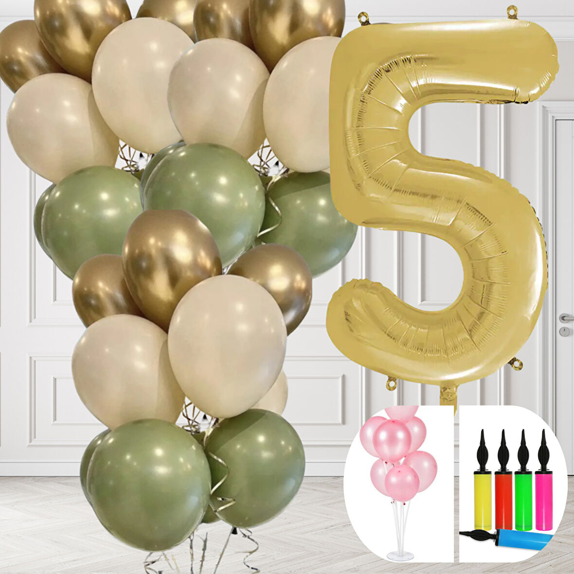 5 Yaş Balon Standlı Ve Pompalı Retro Küf Yeşili Krom Gold Kum Beji Balon Seti Gold Rakam Süsleme
