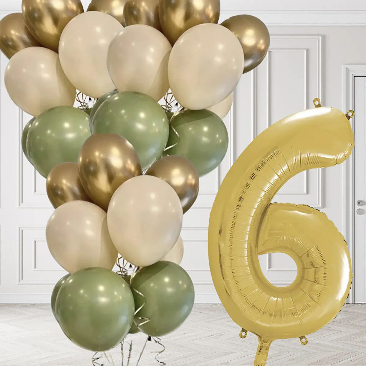 6 Yaş Retro Küf Yeşili Krom Gold Kum Beji Balon Seti Gold Rakam Doğum Günü Balonu Şık Parti Süsleme