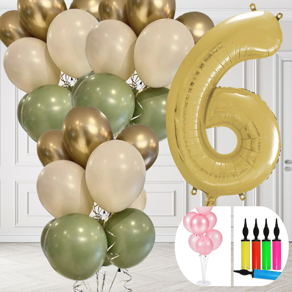 6 Yaş Balon Standlı Ve Pompalı Retro Küf Yeşili Krom Gold Kum Beji Balon Seti Gold Rakam Süsleme