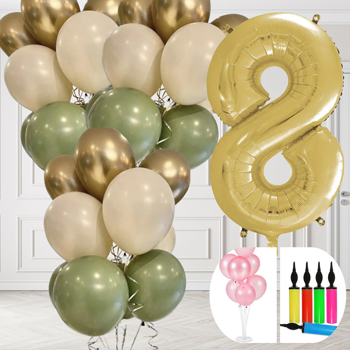 8 Yaş Balon Standlı Ve Pompalı Retro Küf Yeşili Krom Gold Kum Beji Balon Seti Gold Rakam Süsleme