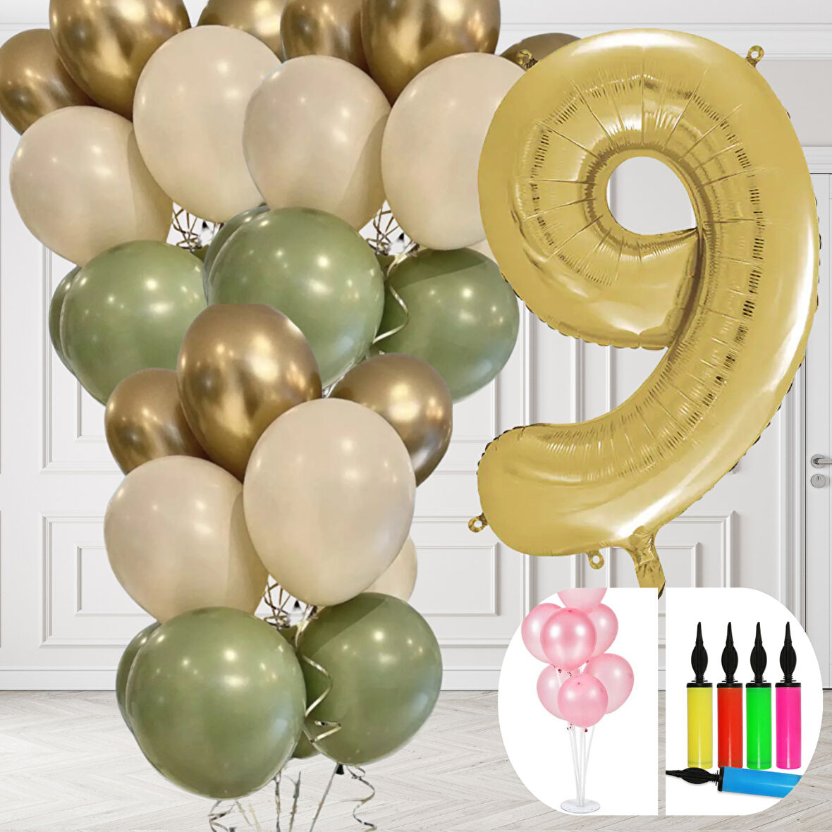 9 Yaş Balon Standlı Ve Pompalı Retro Küf Yeşili Krom Gold Kum Beji Balon Seti Gold Rakam Süsleme
