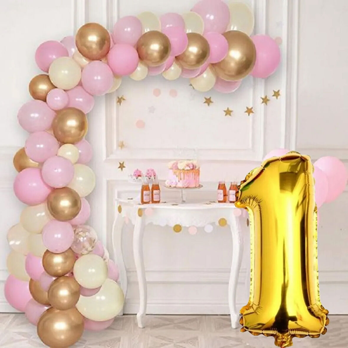 1 Yaş Krom Gold Pastel Pembe ve Beyaz Balon Seti Gold Rakamlı Doğum Günü Balonu Şık Parti Süsleme