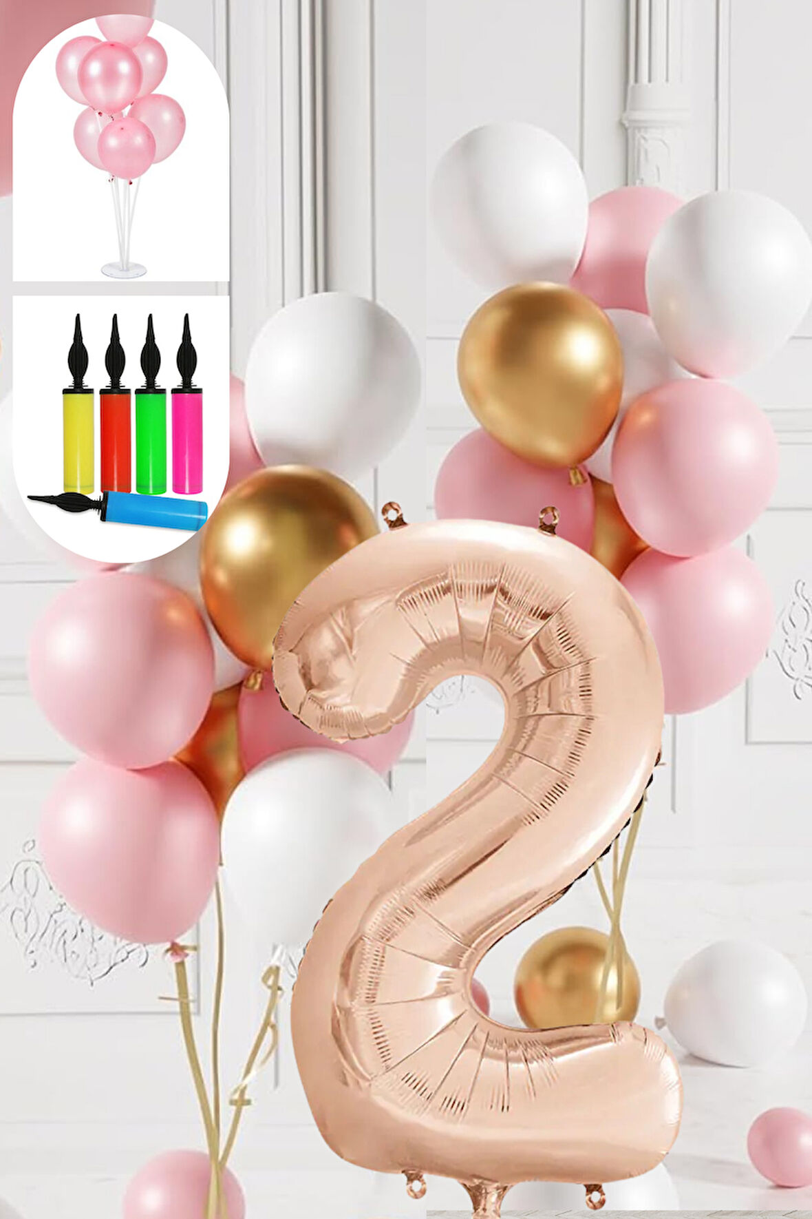 2 Yaş Balon Standlı Ve Pompalı Retro Gold Pembe Beyaz Balon Seti Rose Gold Rakamlı Süsleme