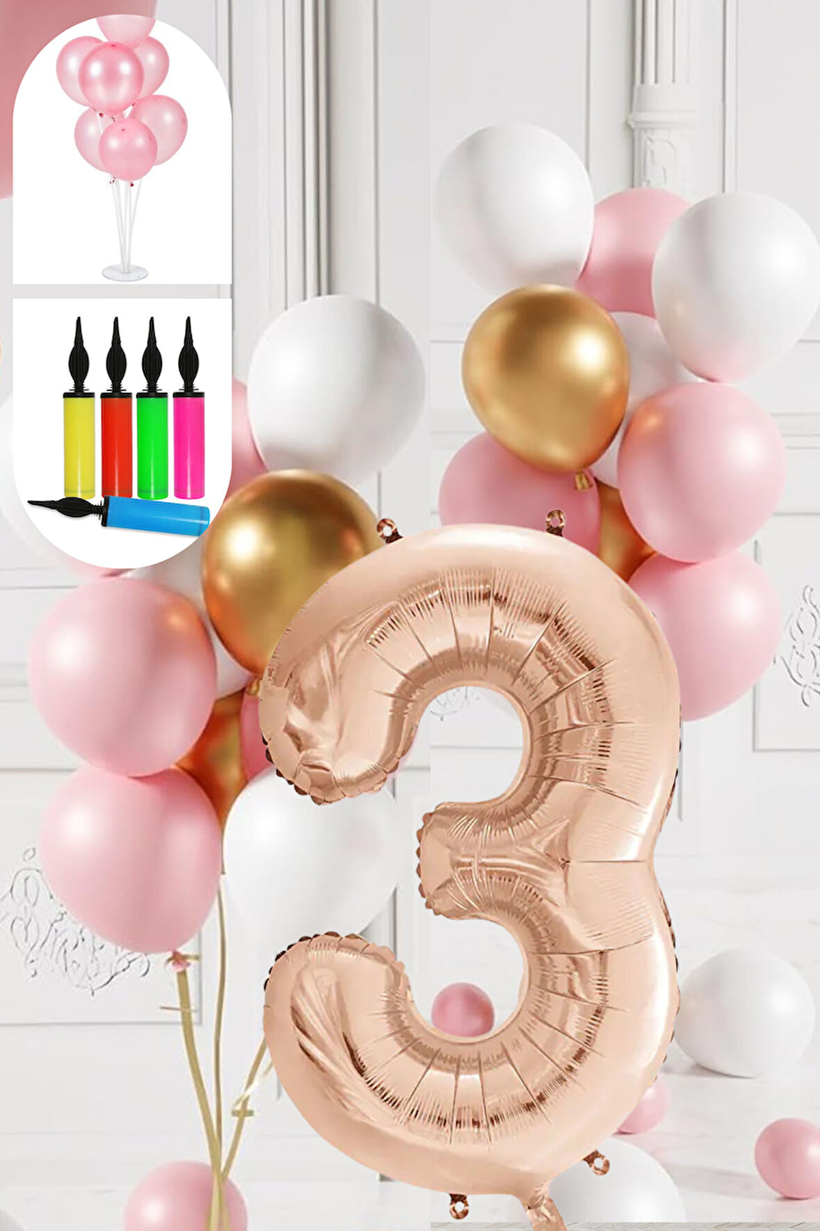 3 Yaş Balon Standlı Ve Pompalı Retro Gold Pembe Beyaz Balon Seti Rose Gold Rakamlı Süsleme