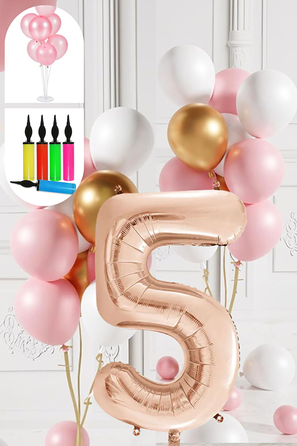 5 Yaş Balon Standlı Ve Pompalı Retro Gold Pembe Beyaz Balon Seti Rose Gold Rakamlı Süsleme
