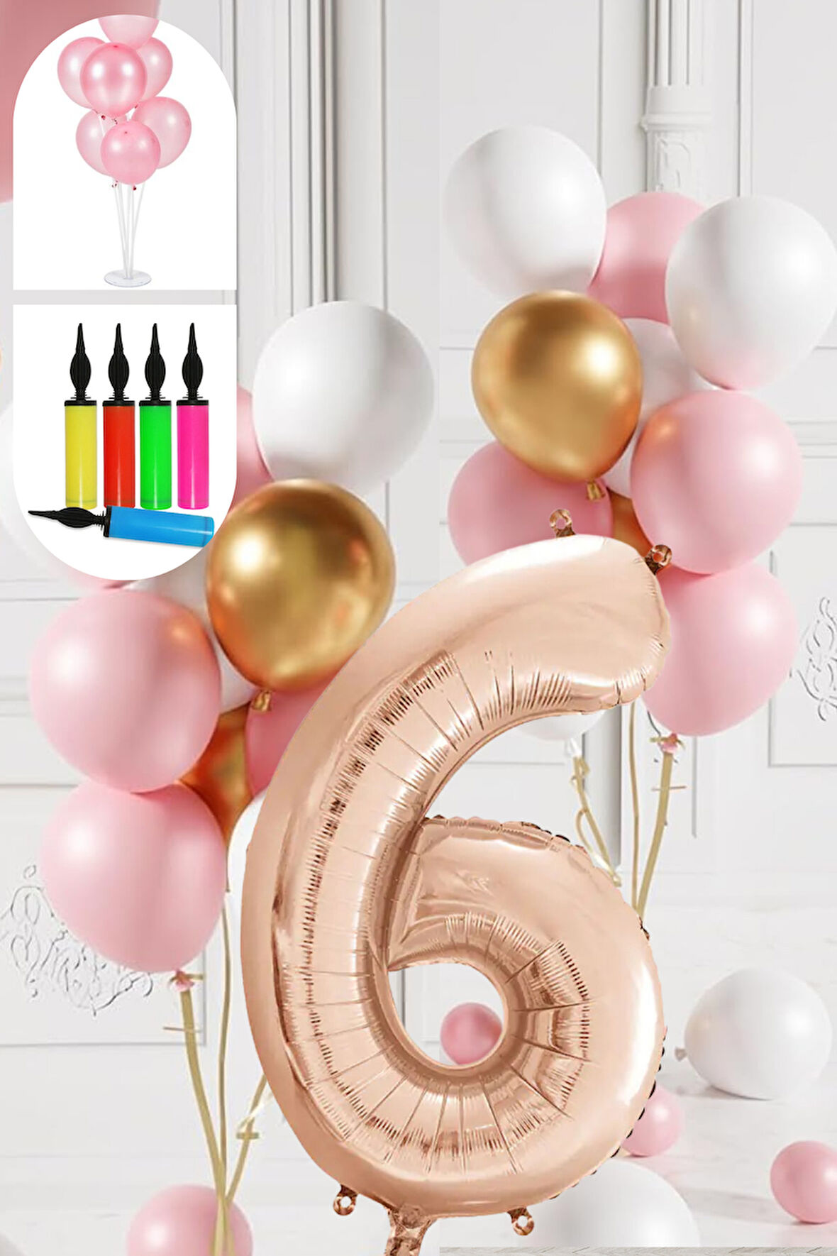 6 Yaş Balon Standlı Ve Pompalı Retro Gold Pembe Beyaz Balon Seti Rose Gold Rakamlı Süsleme