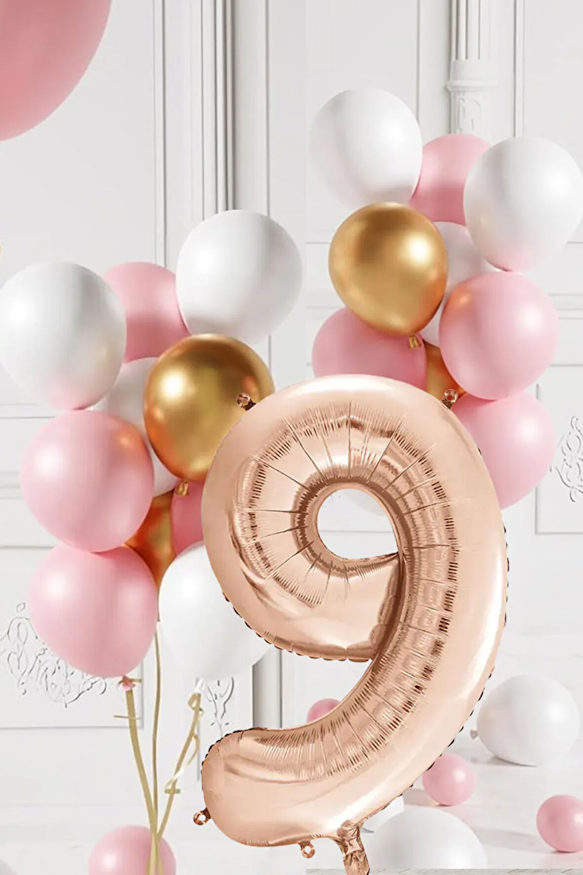 9 Yaş Retro Gold Pembe Beyaz Balon Seti Rose Gold Rakamlı Doğum Günü Balonu Şık Parti Süsleme