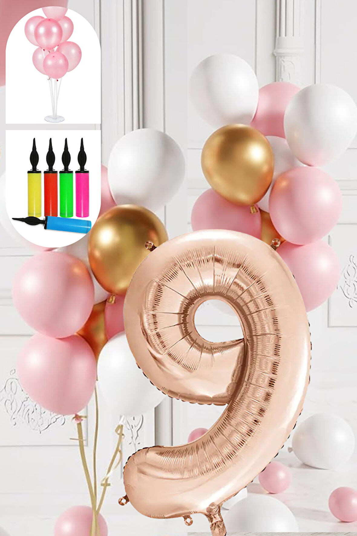 9 Yaş Balon Standlı Ve Pompalı Retro Gold Pembe Beyaz Balon Seti Rose Gold Rakamlı Süsleme