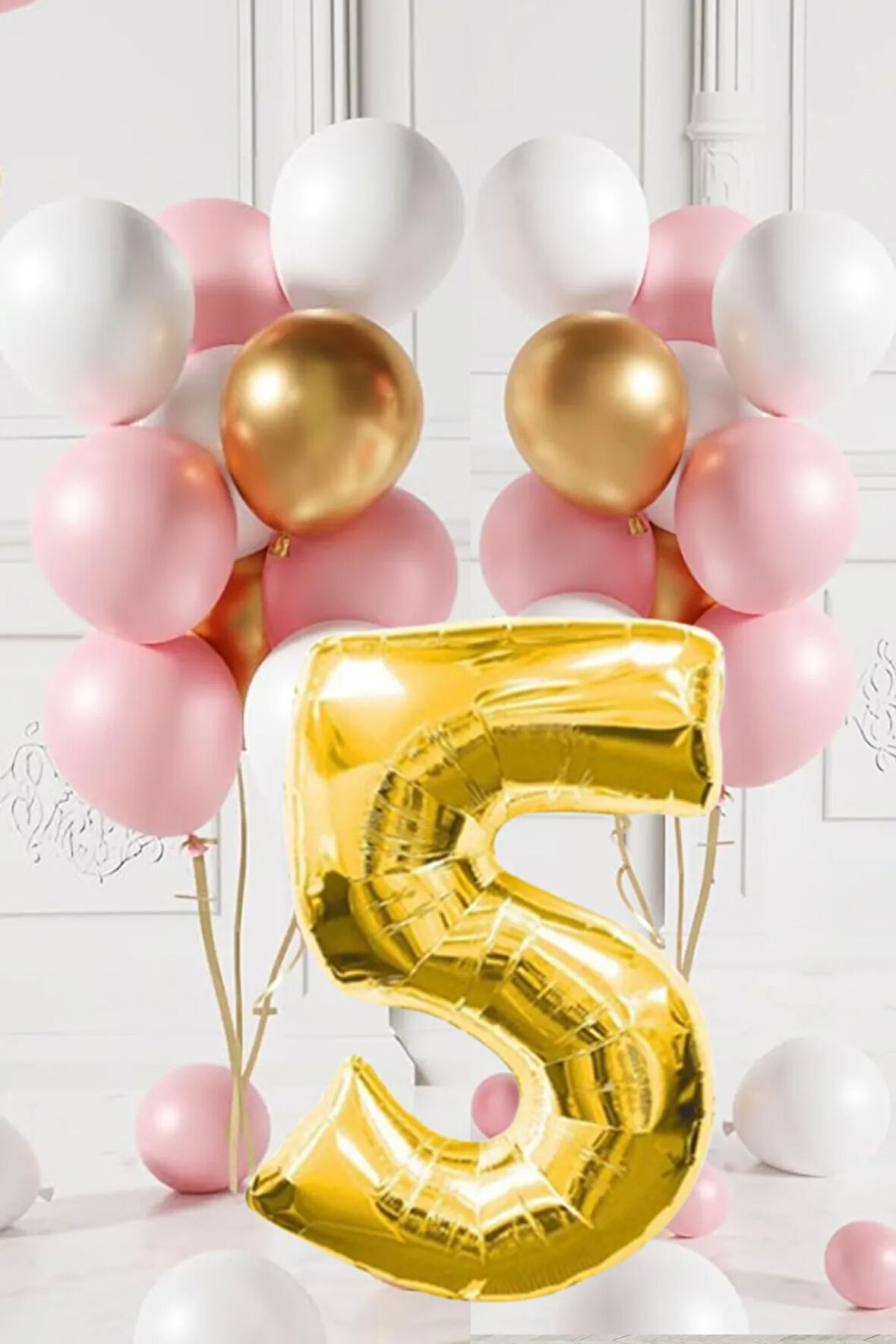 5 Yaş Retro Gold Pembe Beyaz Balon Seti Gold Rakamlı Doğum Günü Balonu Şık Parti Süsleme