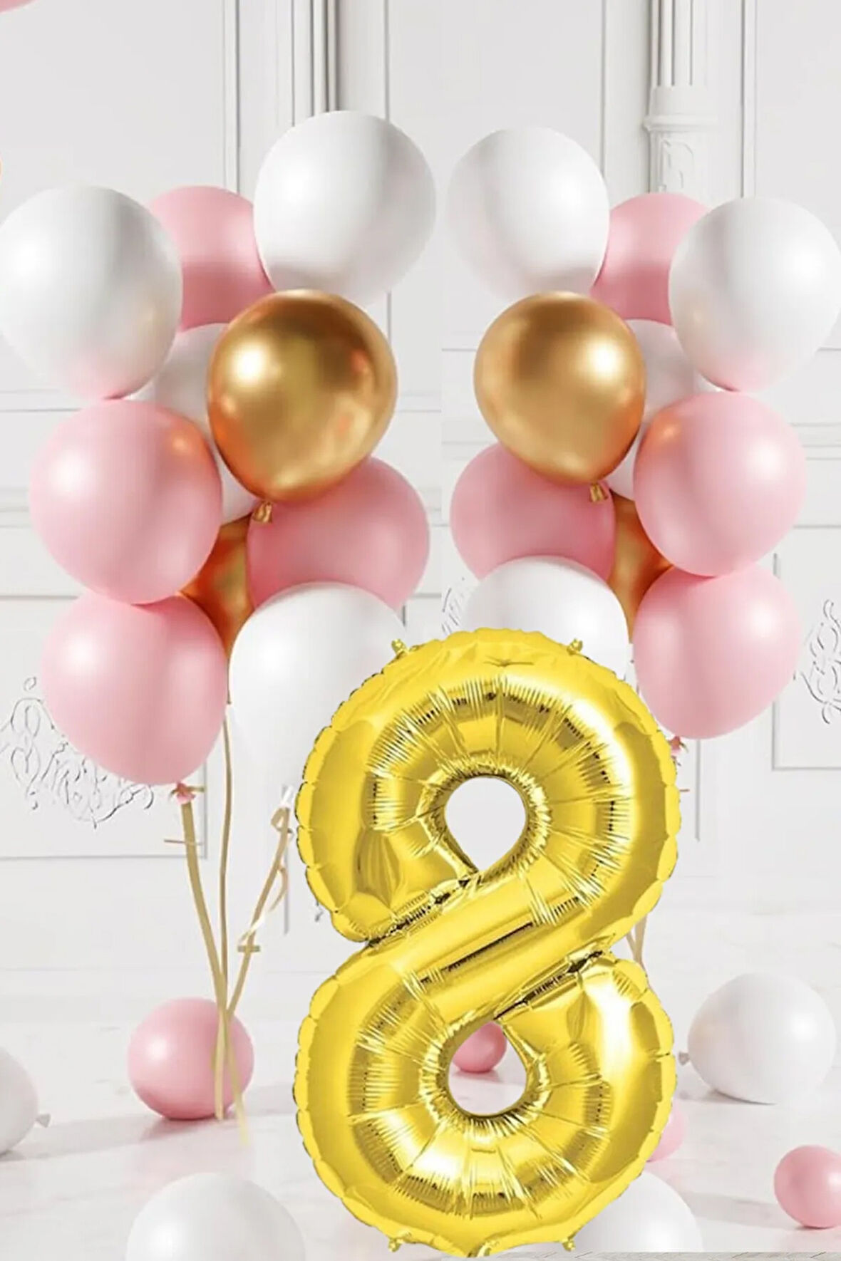 8 Yaş Retro Gold Pembe Beyaz Balon Seti Gold Rakamlı Doğum Günü Balonu Şık Parti Süsleme