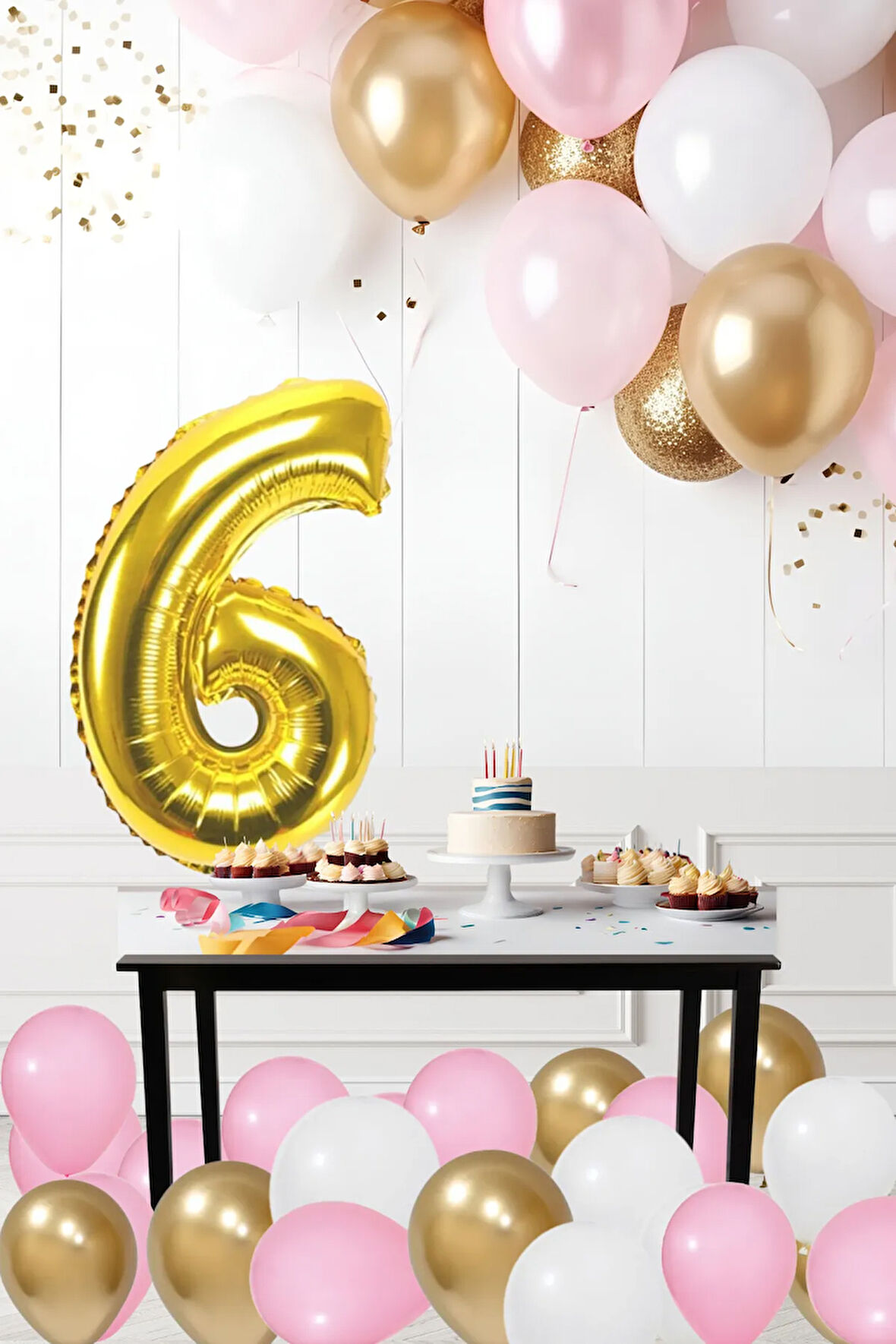 6 Yaş Retro Krom Gold Pembe Beyaz Balon Seti Gold Rakamlı Doğum Günü Balonu Şık Parti Süsleme