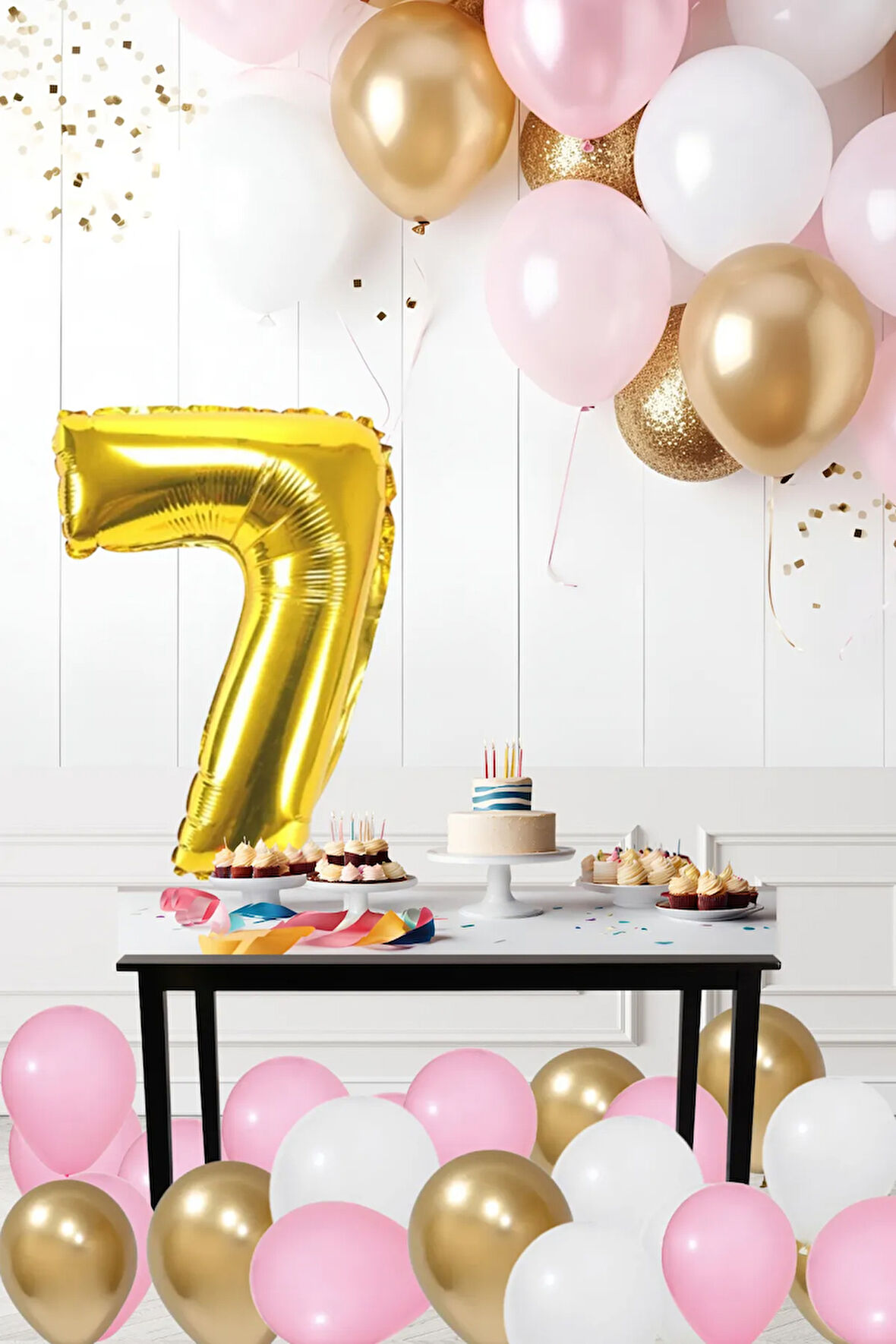 7 Yaş Retro Krom Gold Pembe Beyaz Balon Seti Gold Rakamlı Doğum Günü Balonu Şık Parti Süsleme
