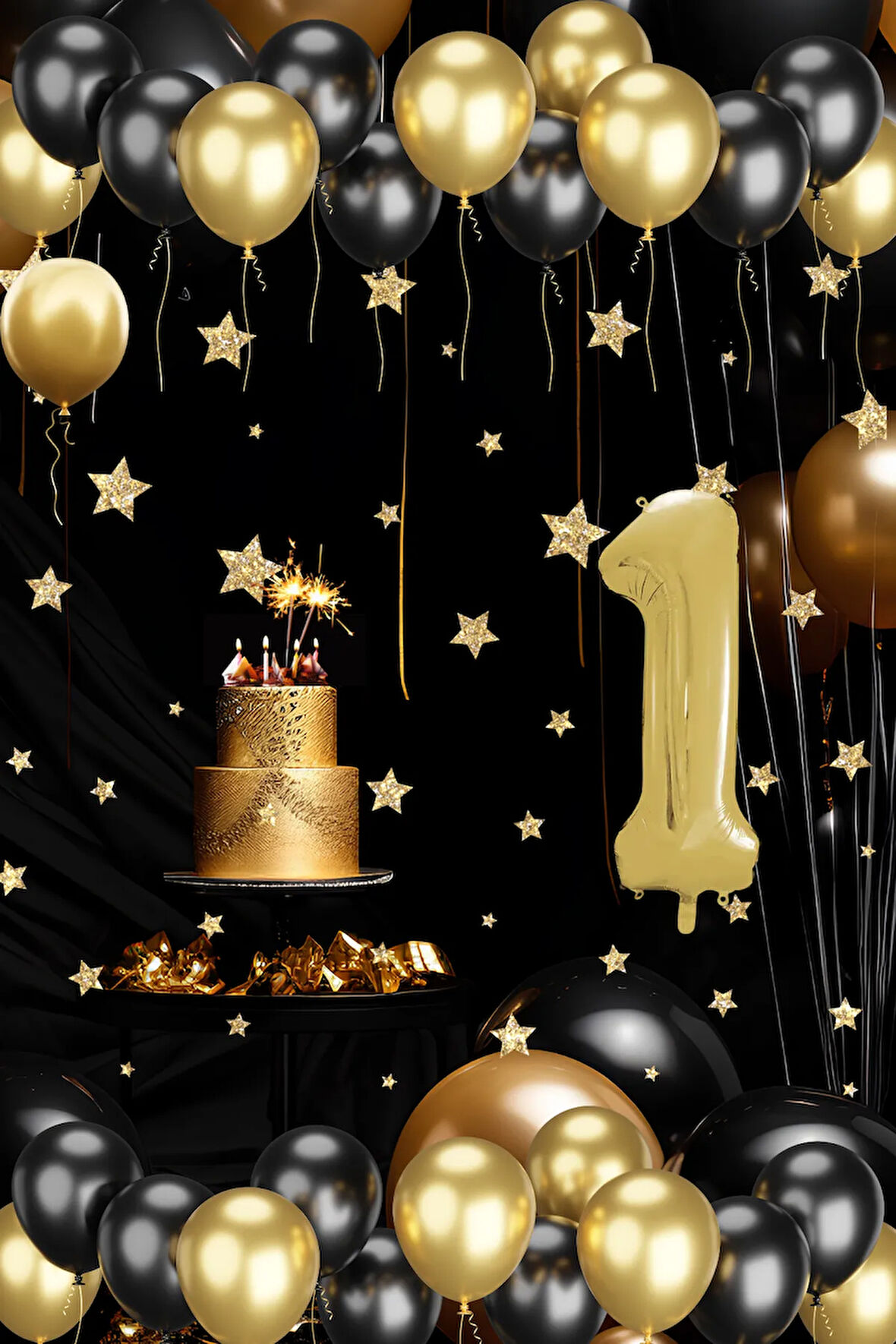 1 Yaş Gold Siyah Balon Seti Gold Rakamlı Doğum Günü Balonu Şık Parti Süsleme