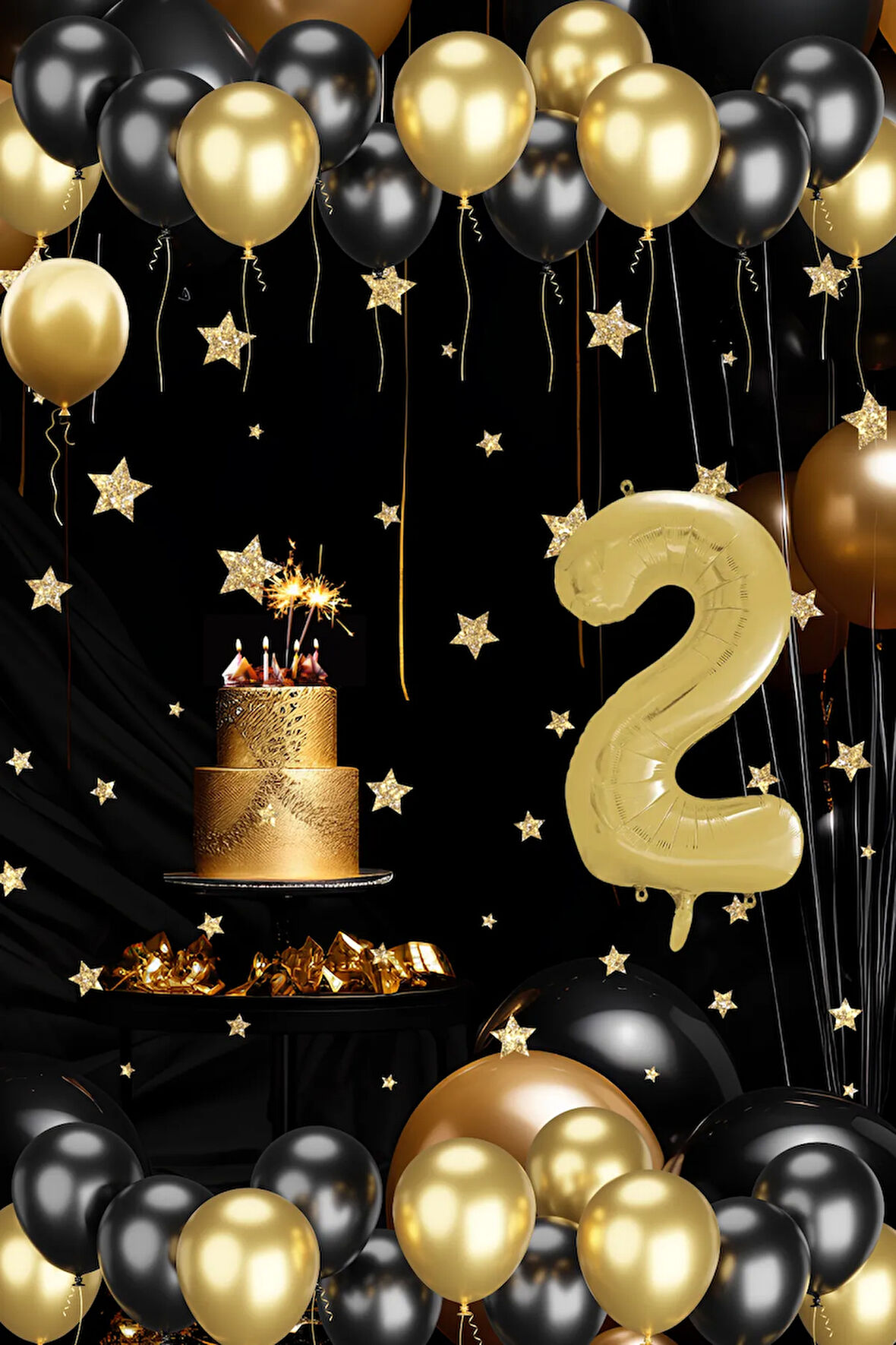 2 Yaş Gold Siyah Balon Seti Gold Rakamlı Doğum Günü Balonu Şık Parti Süsleme