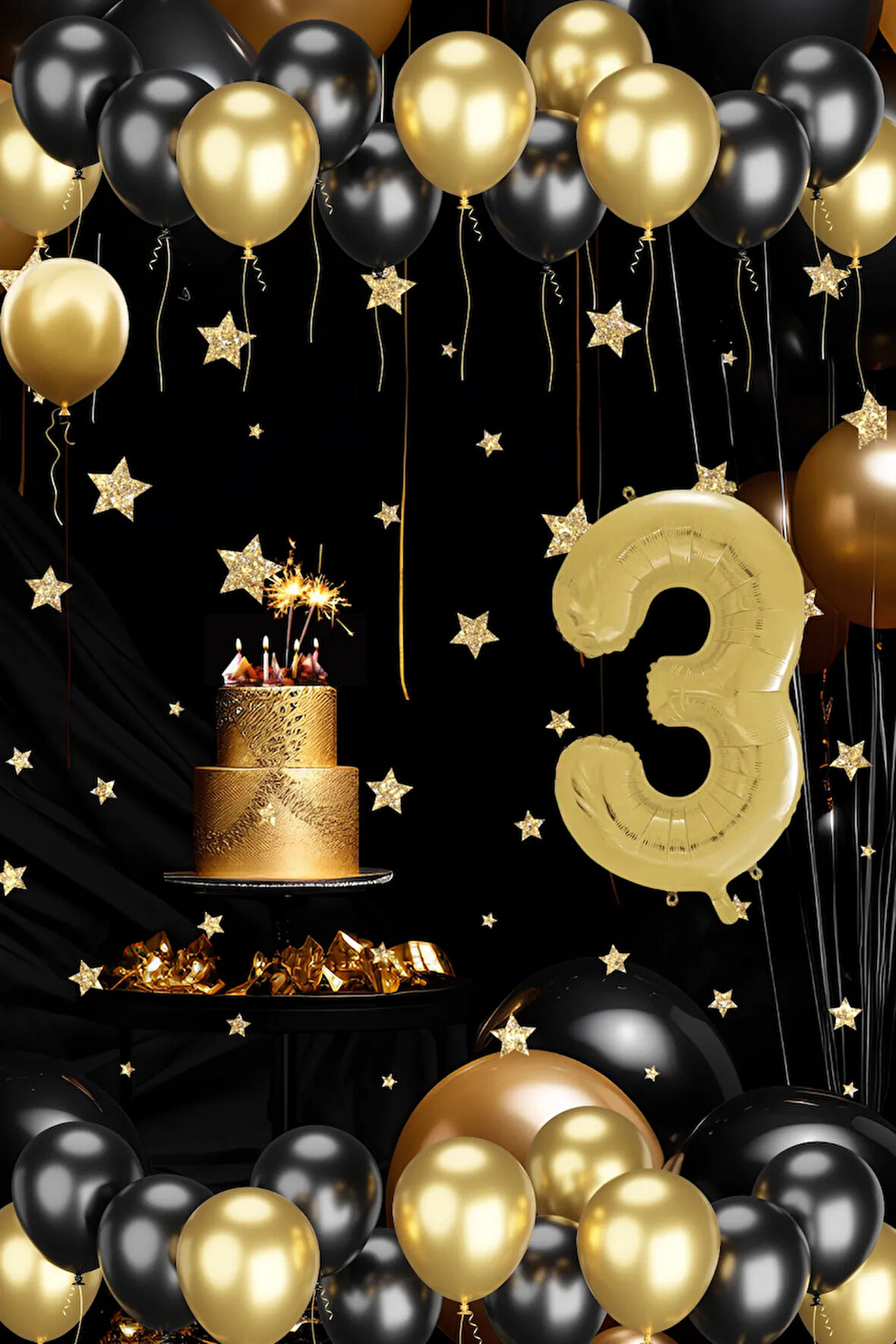 3 Yaş Gold Siyah Balon Seti Gold Rakamlı Doğum Günü Balonu Şık Parti Süsleme