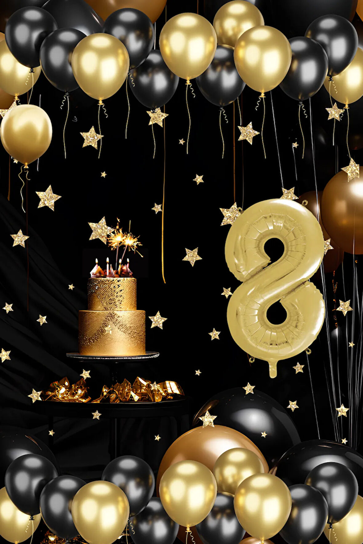 8 Yaş Gold Siyah Balon Seti Gold Rakamlı Doğum Günü Balonu Şık Parti Süsleme