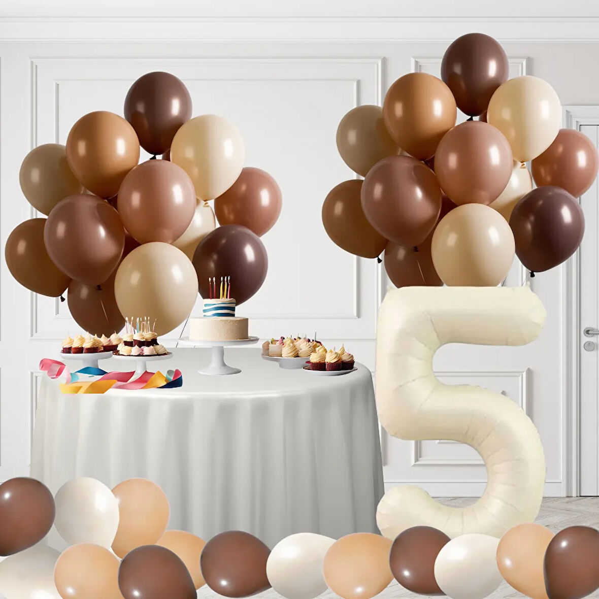 5 Yaş Retro Kahve Bej Ten Rengi Doğum Günü Seti Bej Folyo Rakam