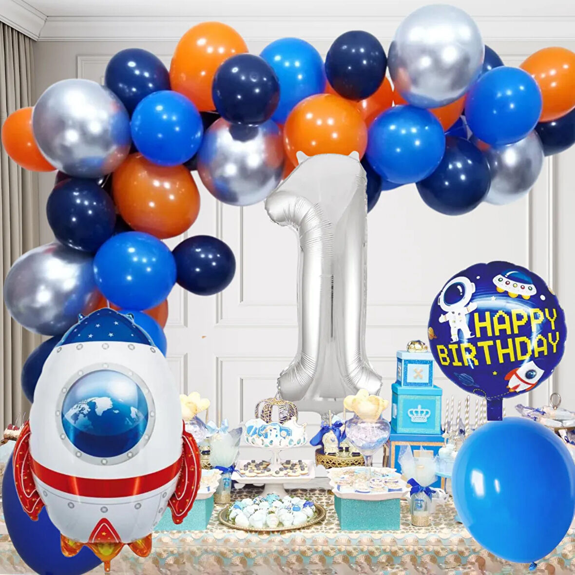 1 Yaş Uzay Temalı Doğum Günü Seti Uzay Mekiği Happy Birthday Yazı Renkli Balonlar Gümüş Folyo Rakam