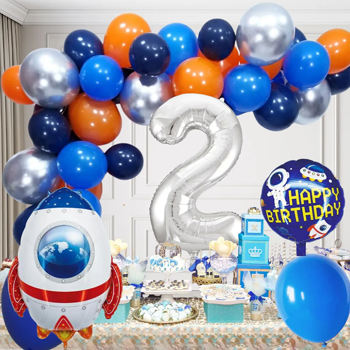 2 Yaş Uzay Temalı Doğum Günü Seti Uzay Mekiği Happy Birthday Yazı Renkli Balonlar Gümüş Folyo Rakam