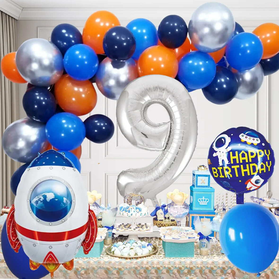 9 Yaş Uzay Temalı Doğum Günü Seti Uzay Mekiği Happy Birthday Yazı Renkli Balonlar Gümüş Folyo Rakam