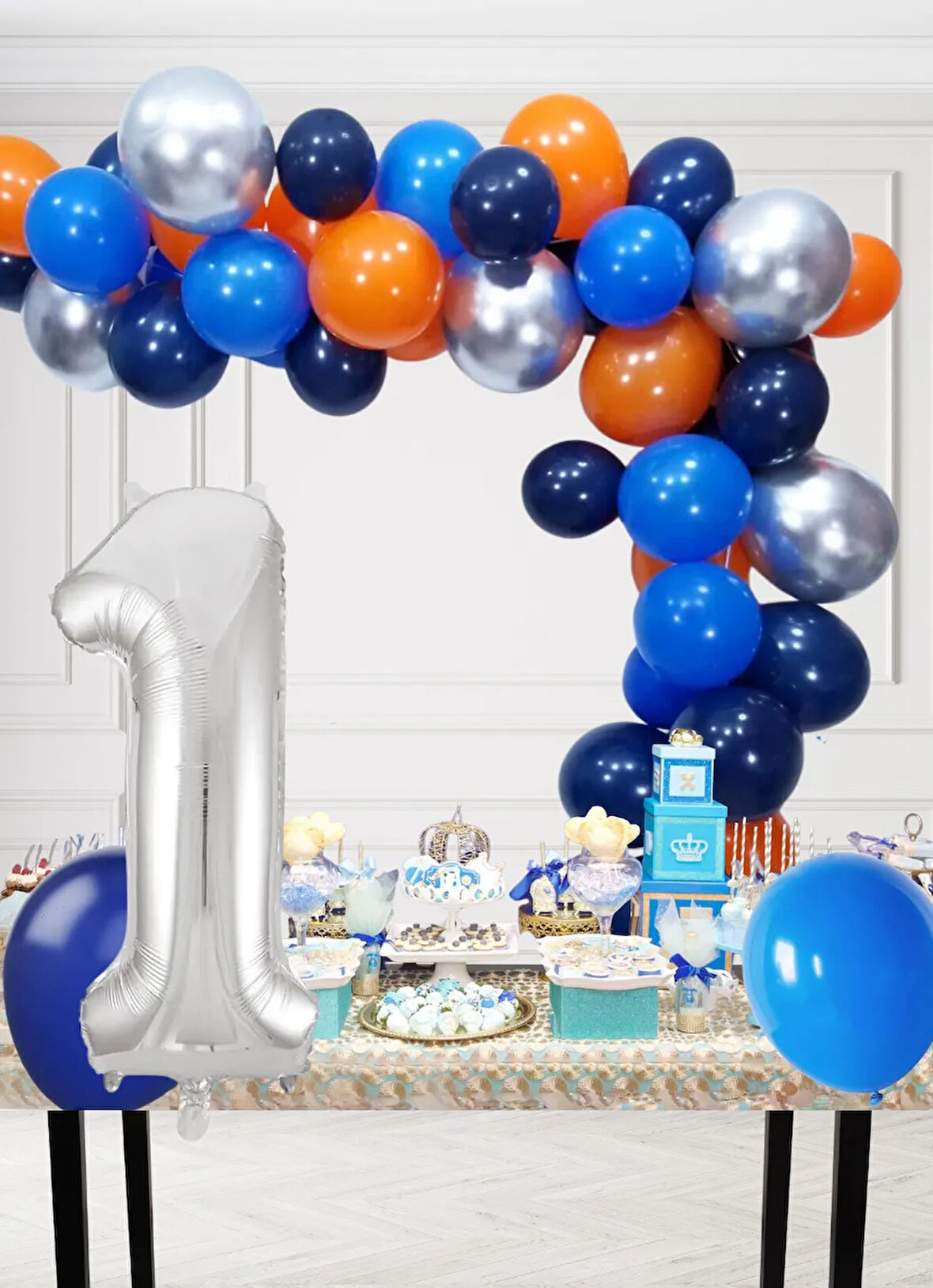 1 Yaş Kozmik Temalı Doğum Günü Seti Kozmik Mavi Turuncu Gümüş Mavi Balonlar Gümüş Folyo Rakam