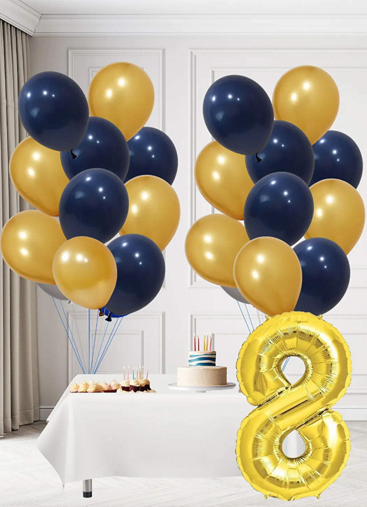 8 Yaş Sarı Lacivert Taraftar Temalı Doğum Günü Seti Altın Kozmik Lacivert Balonlar Altın Folyo Rakam