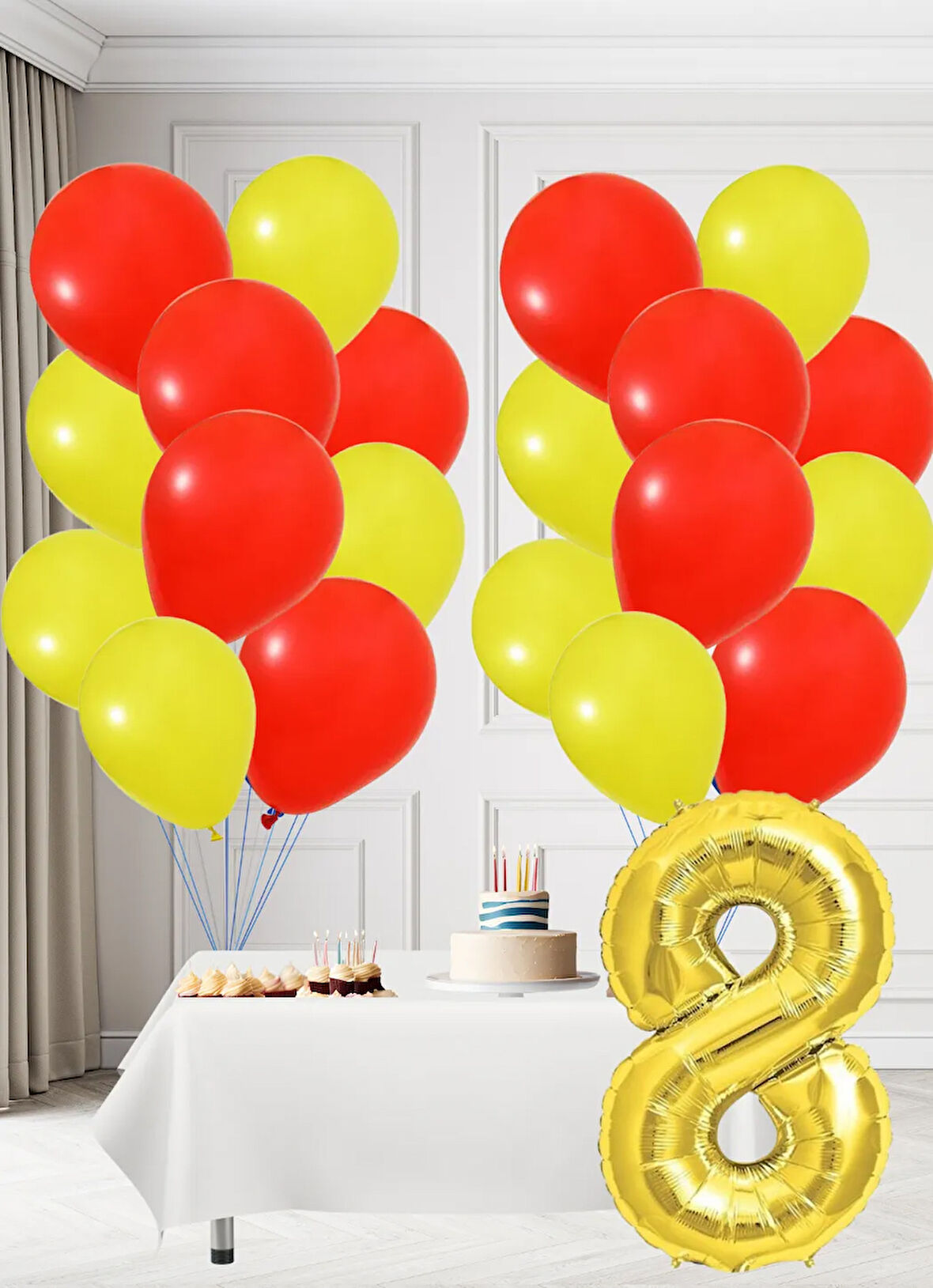 8 Yaş Sarı Kırmızı Taraftar Temalı Doğum Günü Seti Sarı Kırmızı Balonlar Altın Folyo Rakam