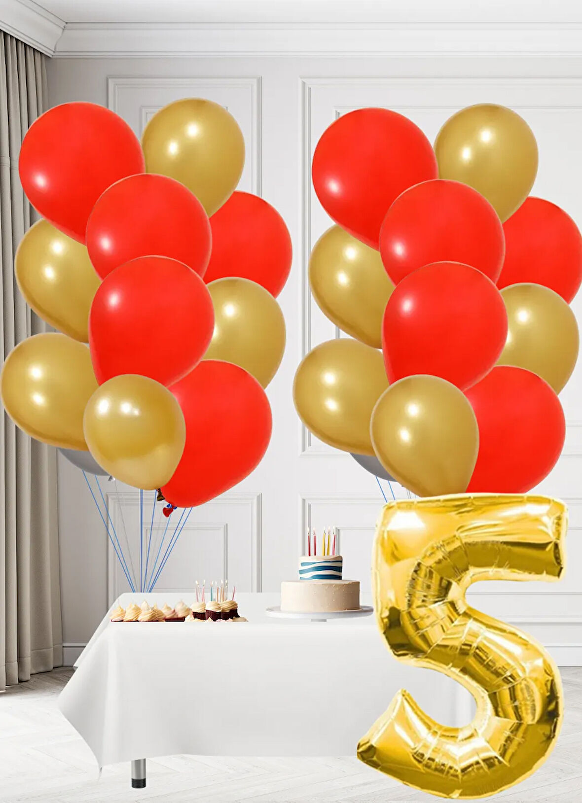 5 Yaş Sarı Kırmızı Taraftar Temalı Doğum Günü Seti Altın Kırmızı Balonlar Altın Folyo Rakam