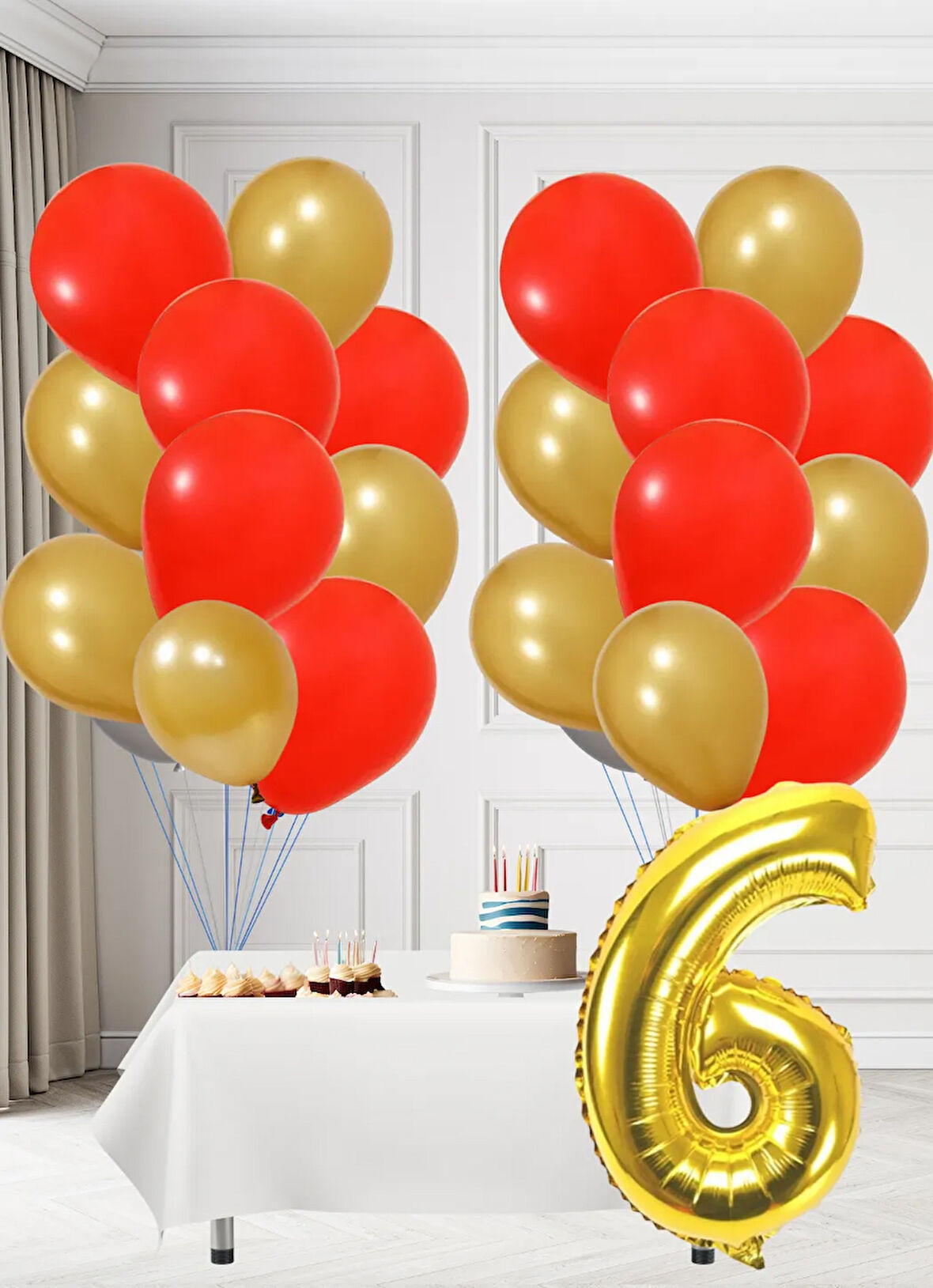 6 Yaş Sarı Kırmızı Taraftar Temalı Doğum Günü Seti Altın Kırmızı Balonlar Altın Folyo Rakam