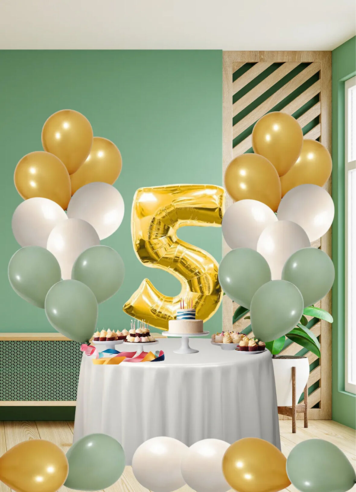 5 Yaş Küf Yeşili Temalı Doğom Günü Seti Metalik Gold Kum Beji Küf Yeşili Balonlar Gold Folyo Rakam