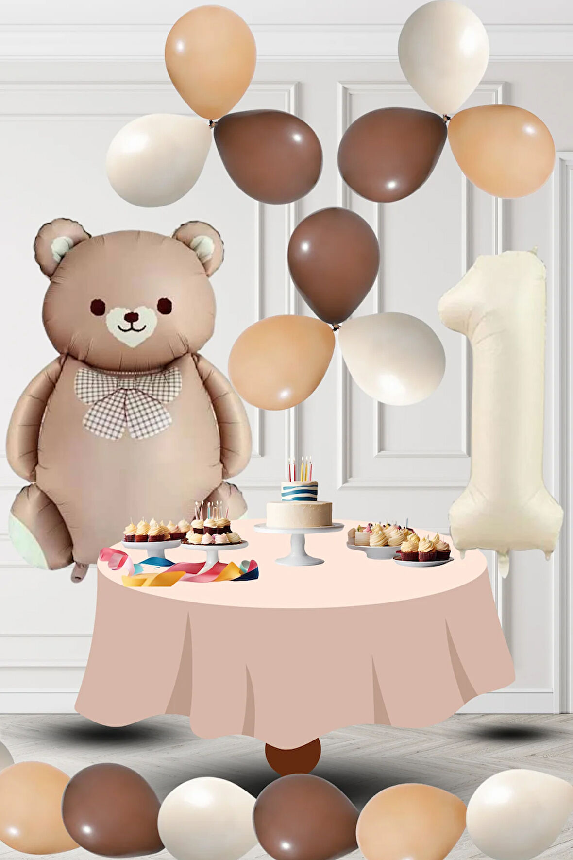 1 Yaş Retro Folyo Karamel Ayıcık Kahverengi Ten Kum Beji Balon Krem Rakam Doğum Günü Süsleme