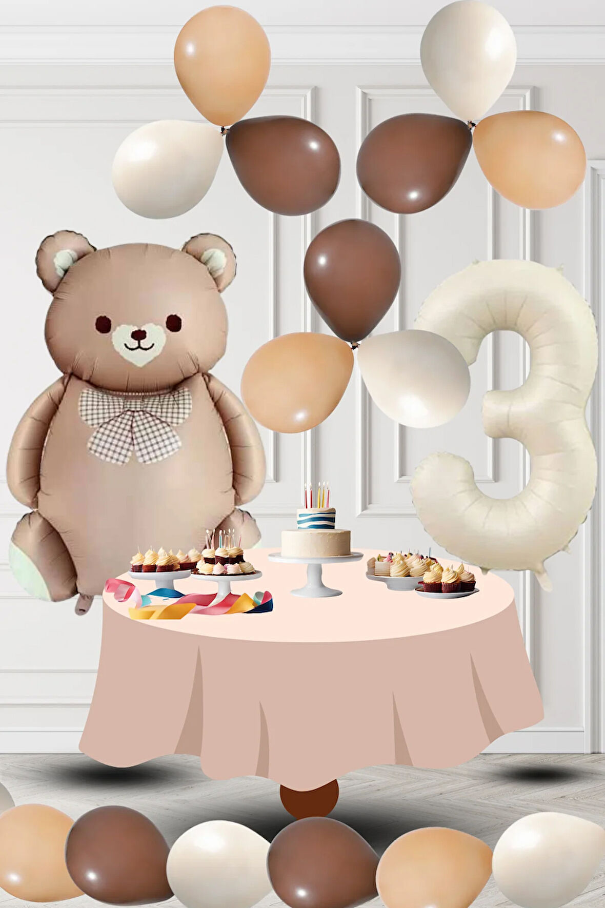 3 Yaş Retro Folyo Karamel Ayıcık Kahverengi Ten Kum Beji Balon Krem Rakam Doğum Günü Süsleme