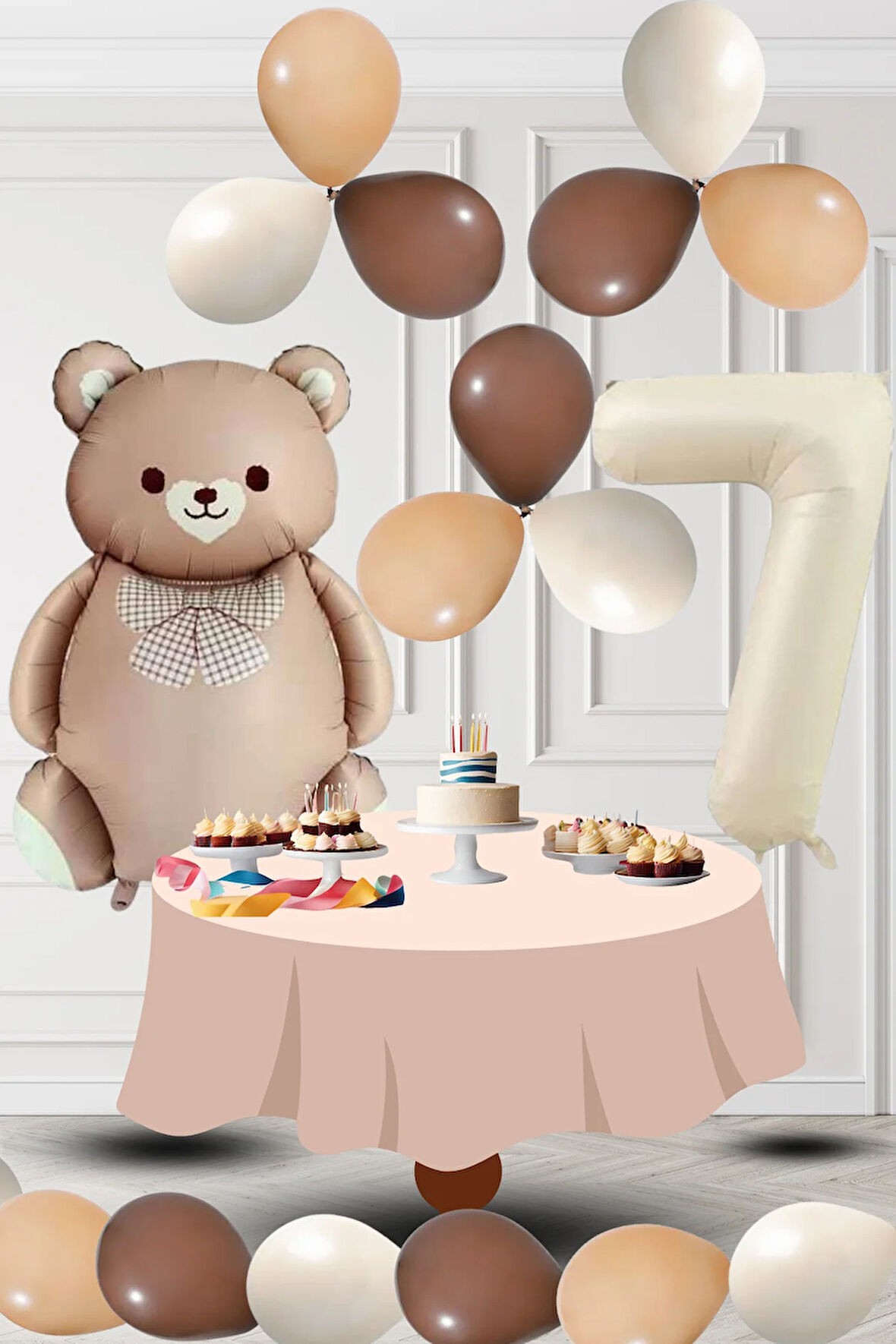 7 Yaş Retro Folyo Karamel Ayıcık Kahverengi Ten Kum Beji Balon Krem Rakam Doğum Günü Süsleme