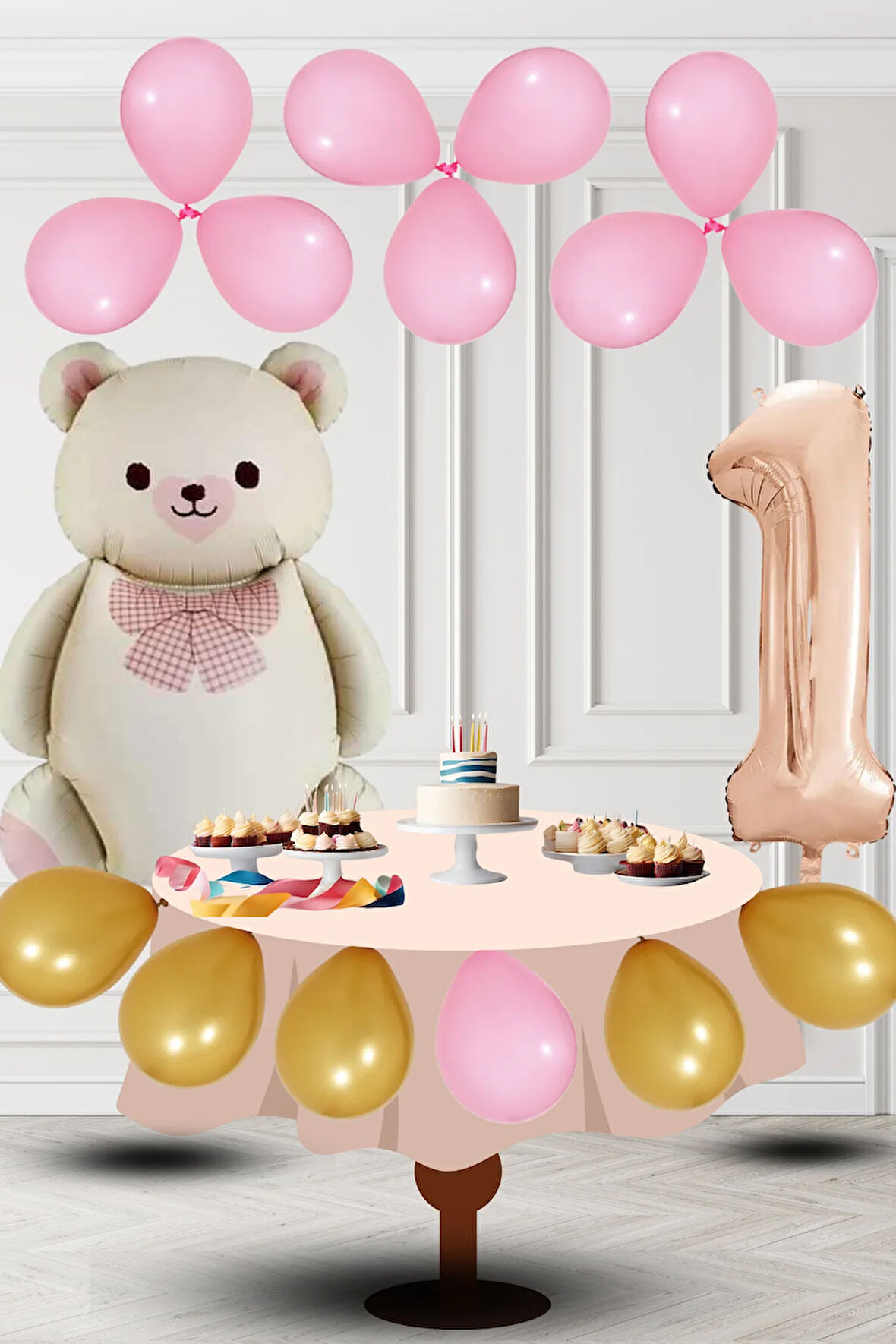 1 Yaş Retro Folyo Krem Ayıcık Pembe Gold Balon Rose Gold Rakam Doğum Günü Süsleme