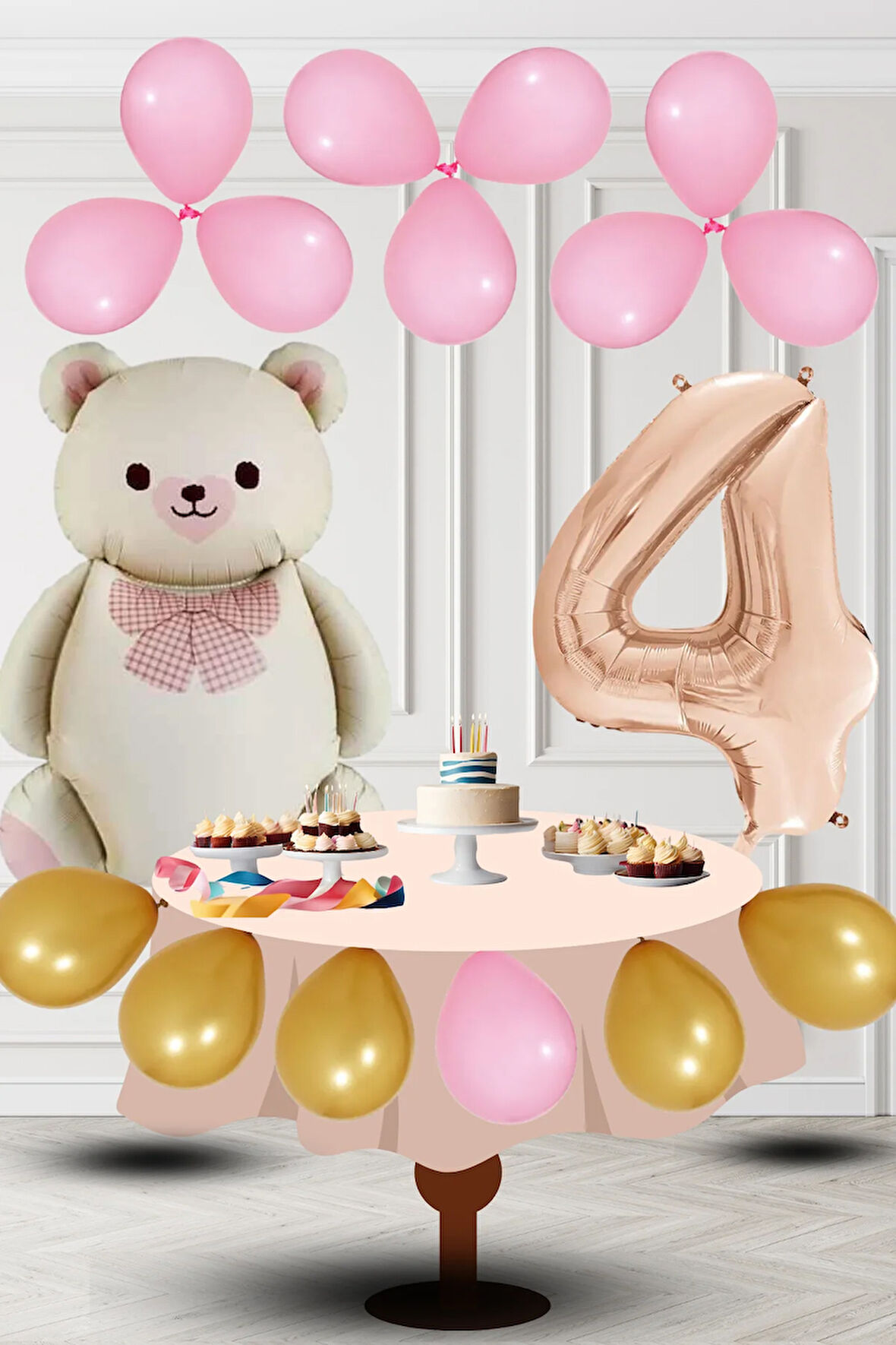 4 Yaş Retro Folyo Krem Ayıcık Pembe Gold Balon Rose Gold Rakam Doğum Günü Süsleme
