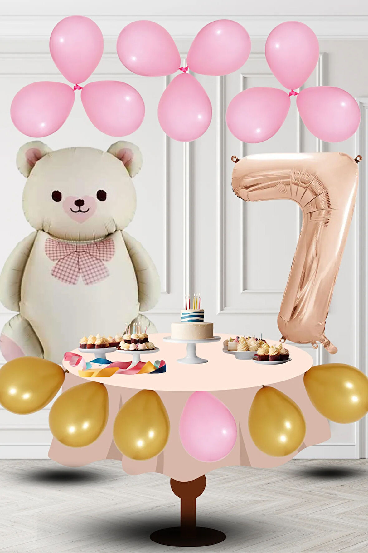 7 Yaş Retro Folyo Krem Ayıcık Pembe Gold Balon Rose Gold Rakam Doğum Günü Süsleme