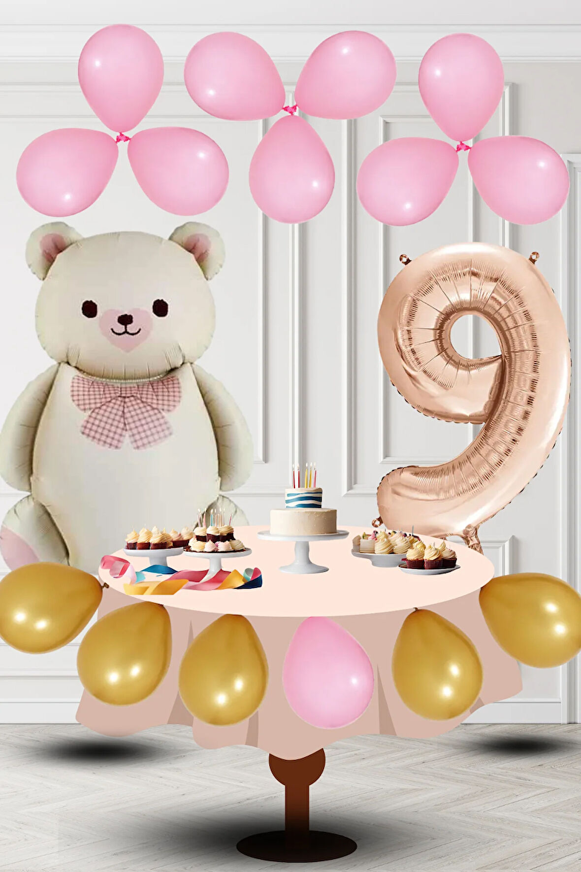 9 Yaş Retro Folyo Krem Ayıcık Pembe Gold Balon Rose Gold Rakam Doğum Günü Süsleme
