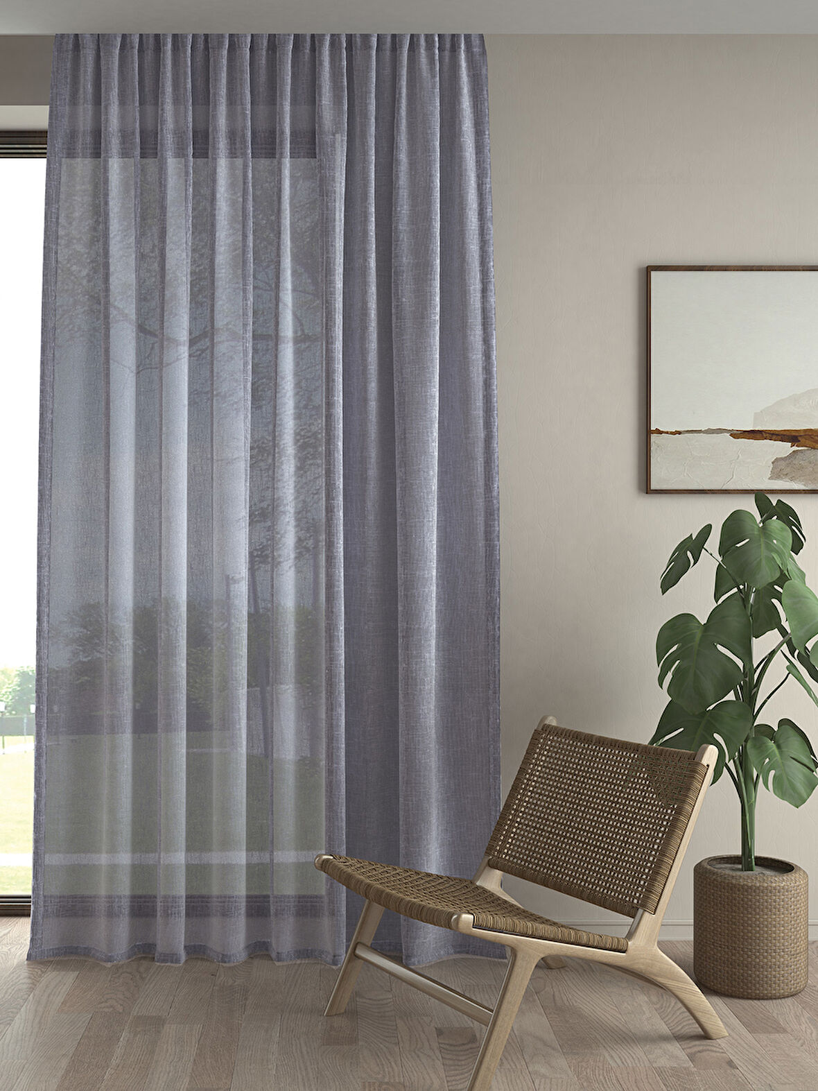 Demor Home Keten Görünümlü Ekstrafor Büzgülü Gri Yüksek Kalite Tül Perde