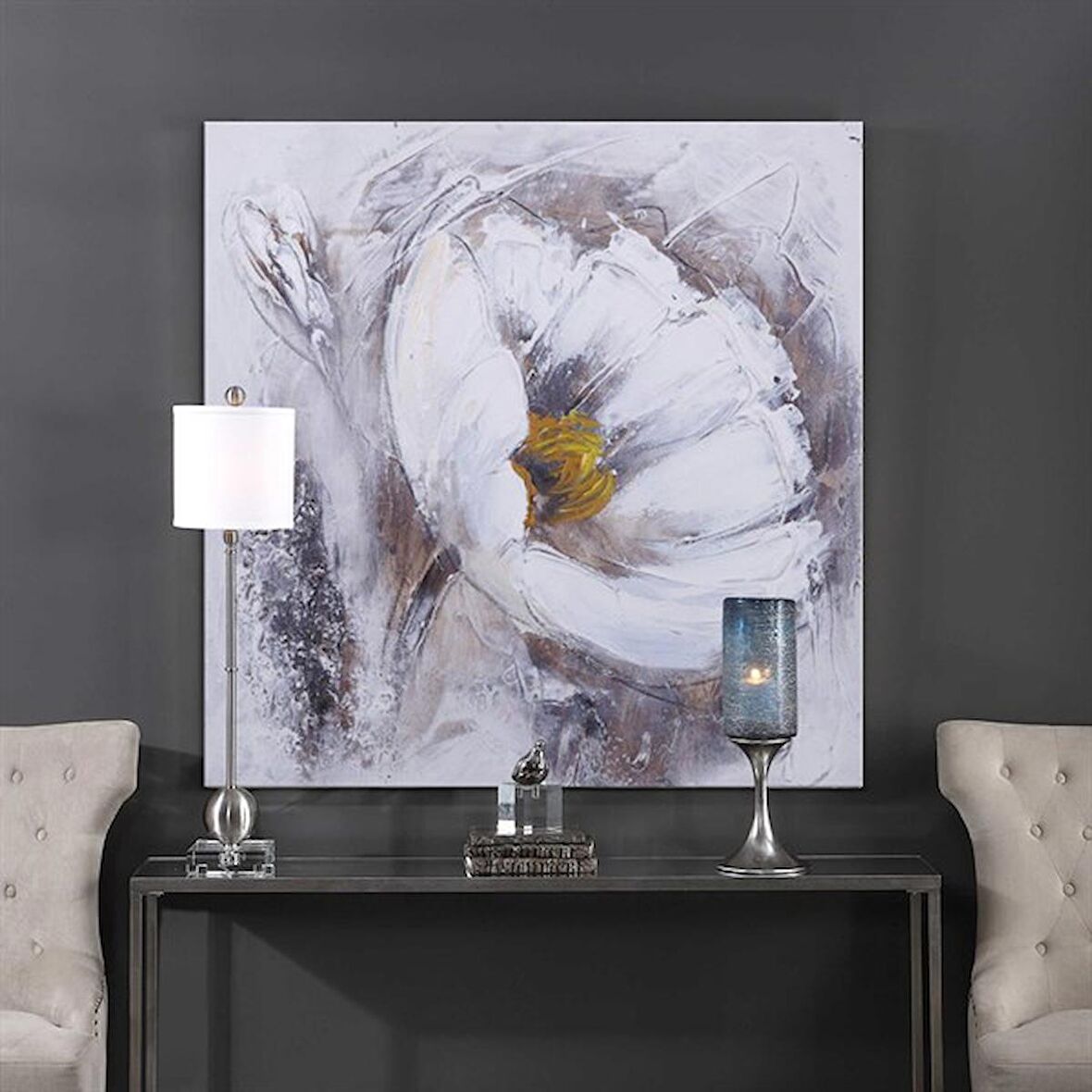 TABLOLIFE Beyaz Çiçek - Yağlı Boya Dokulu Tablo 100X100,Çerçeve;Çerçevesiz