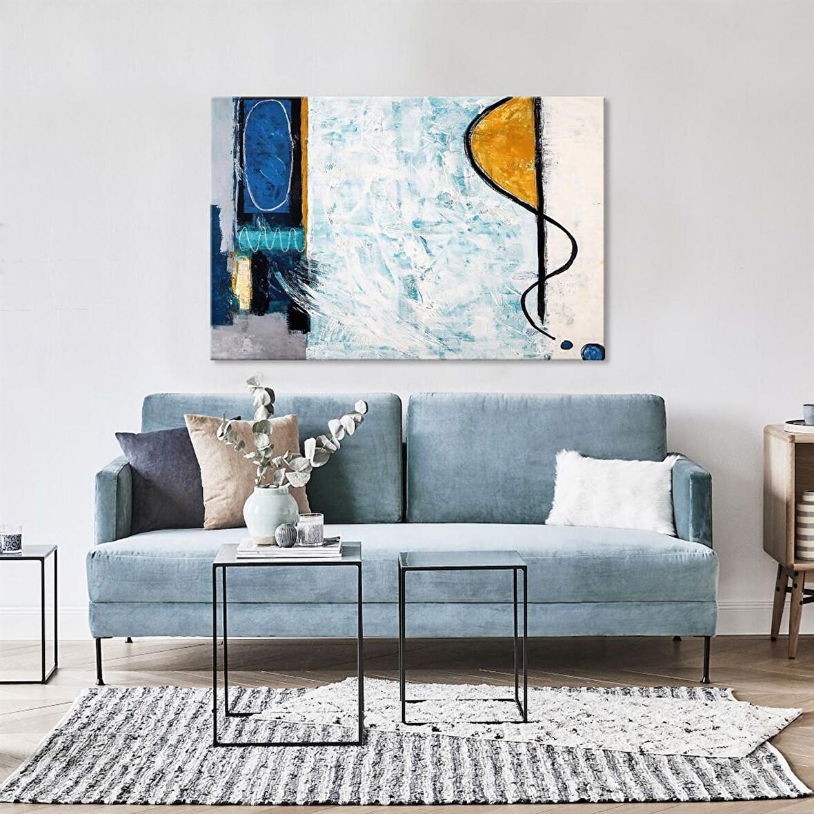 TABLOLIFE Buz Mavisi - Yağlı Boya Dokulu Tablo 60X90,Çerçeve;Gold
