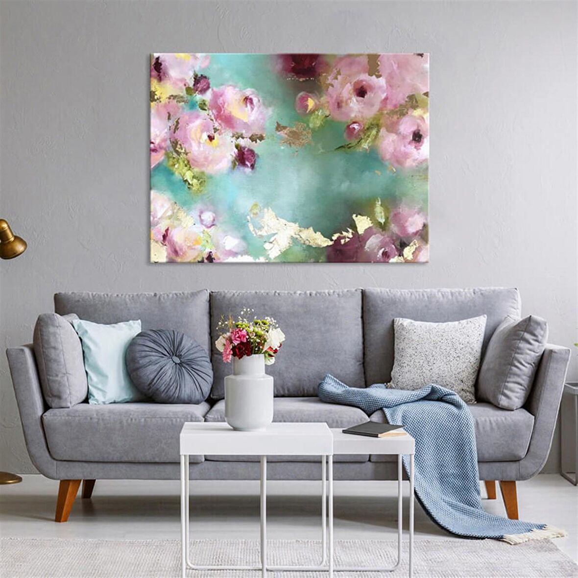 TABLOLIFE Pembe Çiçekler - Yağlı Boya Dokulu Tablo 75X100,Çerçeve;Gümüş