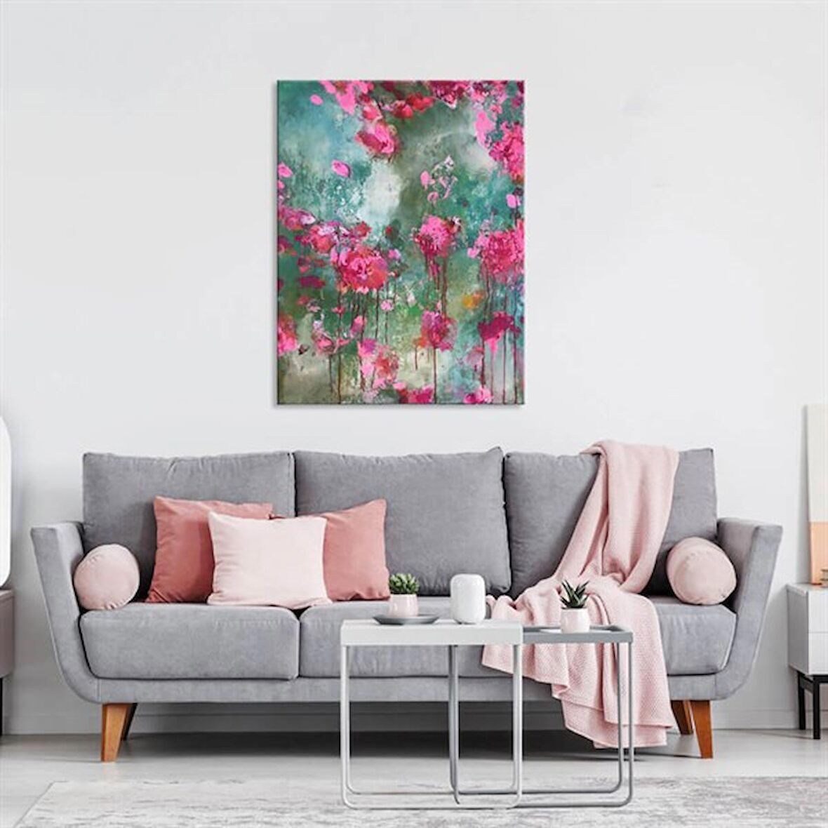 TABLOLIFE Pembe Ütopya  - Yağlı Boya Dokulu Tablo 75X100,Çerçeve;Gümüş
