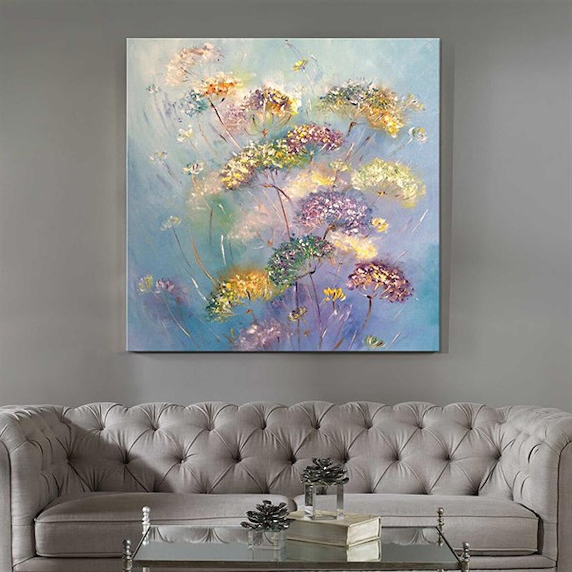 TABLOLIFE Çiçekler - Yağlı Boya Dokulu Tablo 80X80,Çerçeve;Gümüş