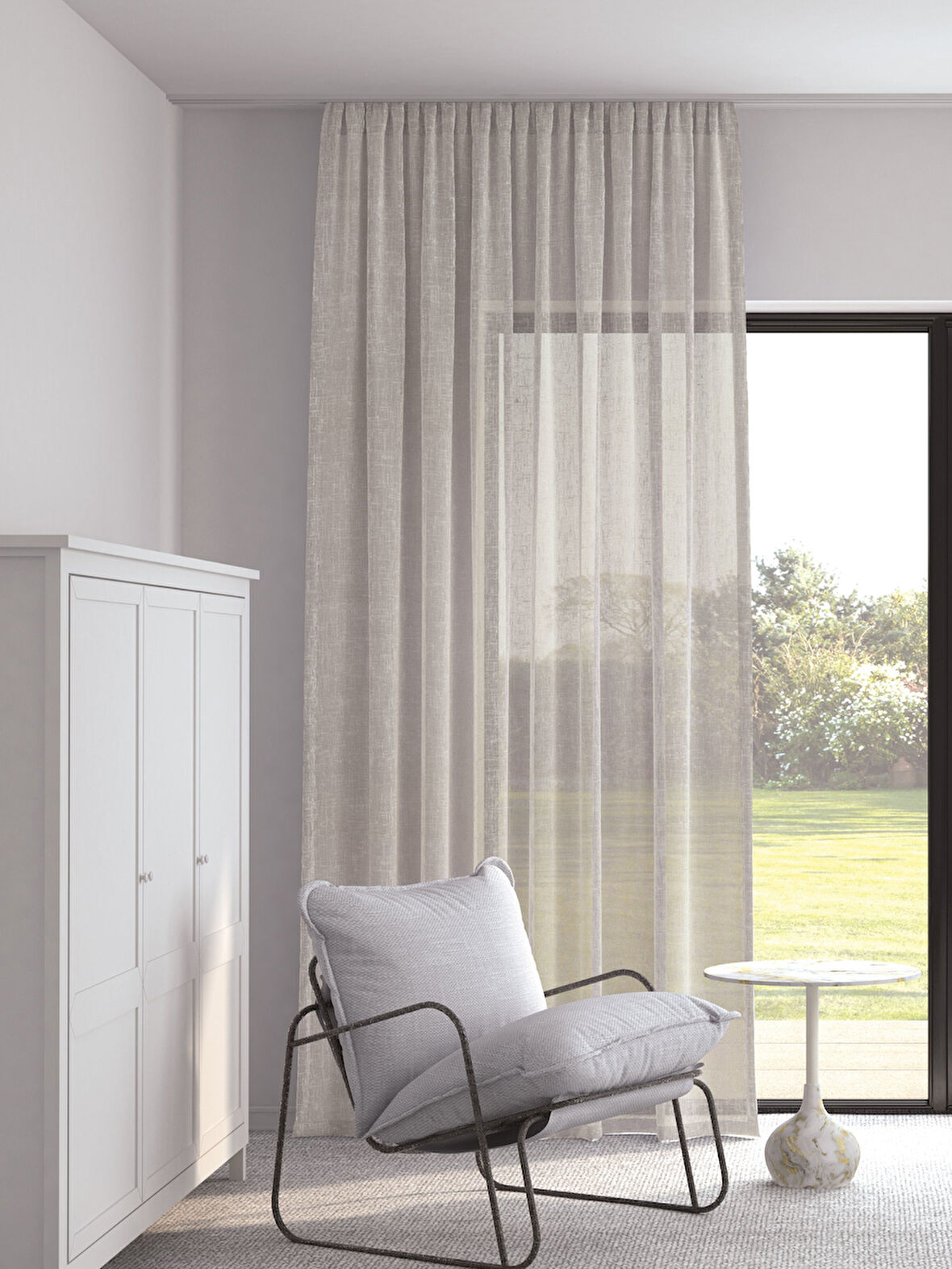 Pastel Bej Renk Keten Görünümlü Ekstraforlu Tül Perde Ütü Istemez