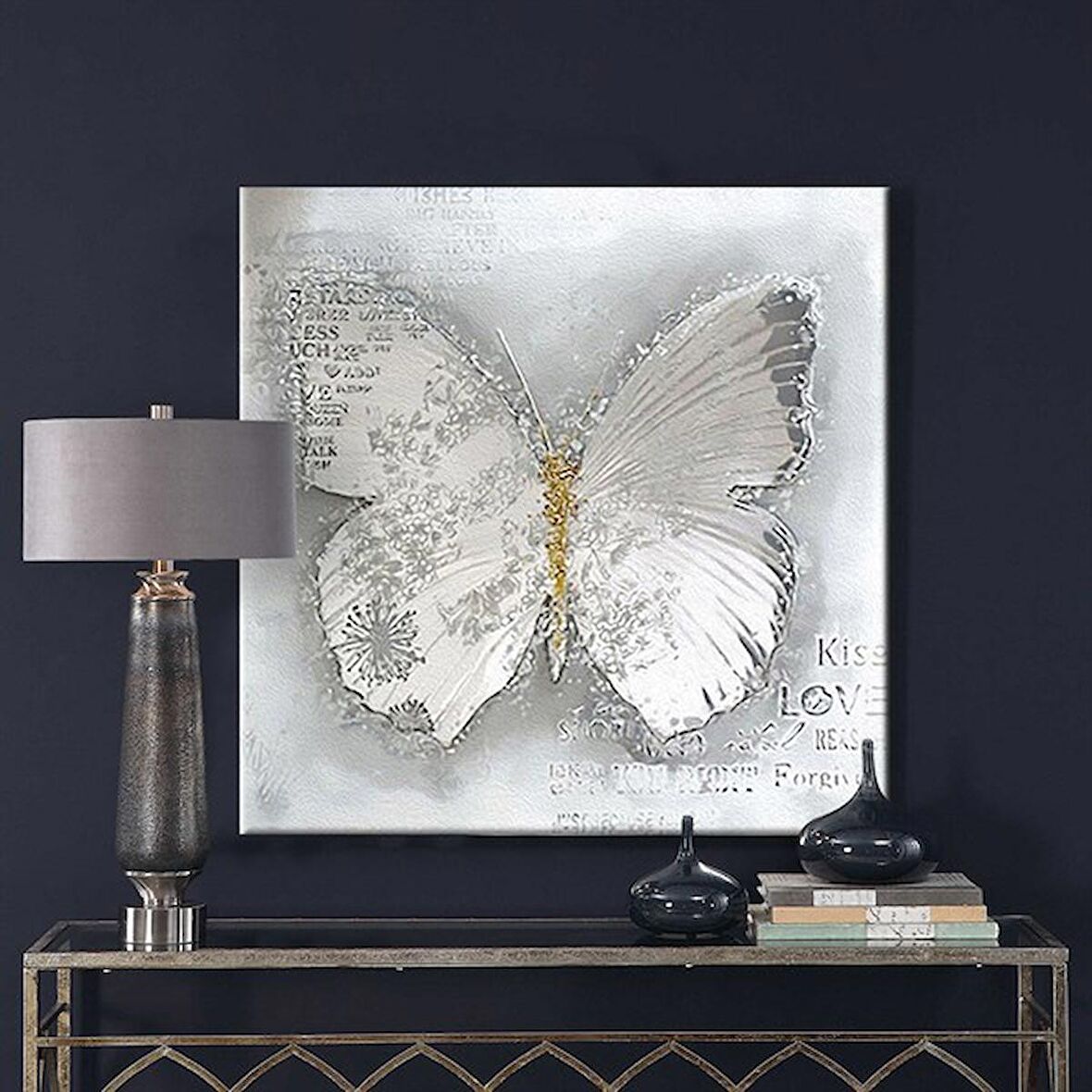 TABLOLIFE Beyaz Kelebek - Yağlı Boya Dokulu Tablo 120X120,Çerçeve;Siyah